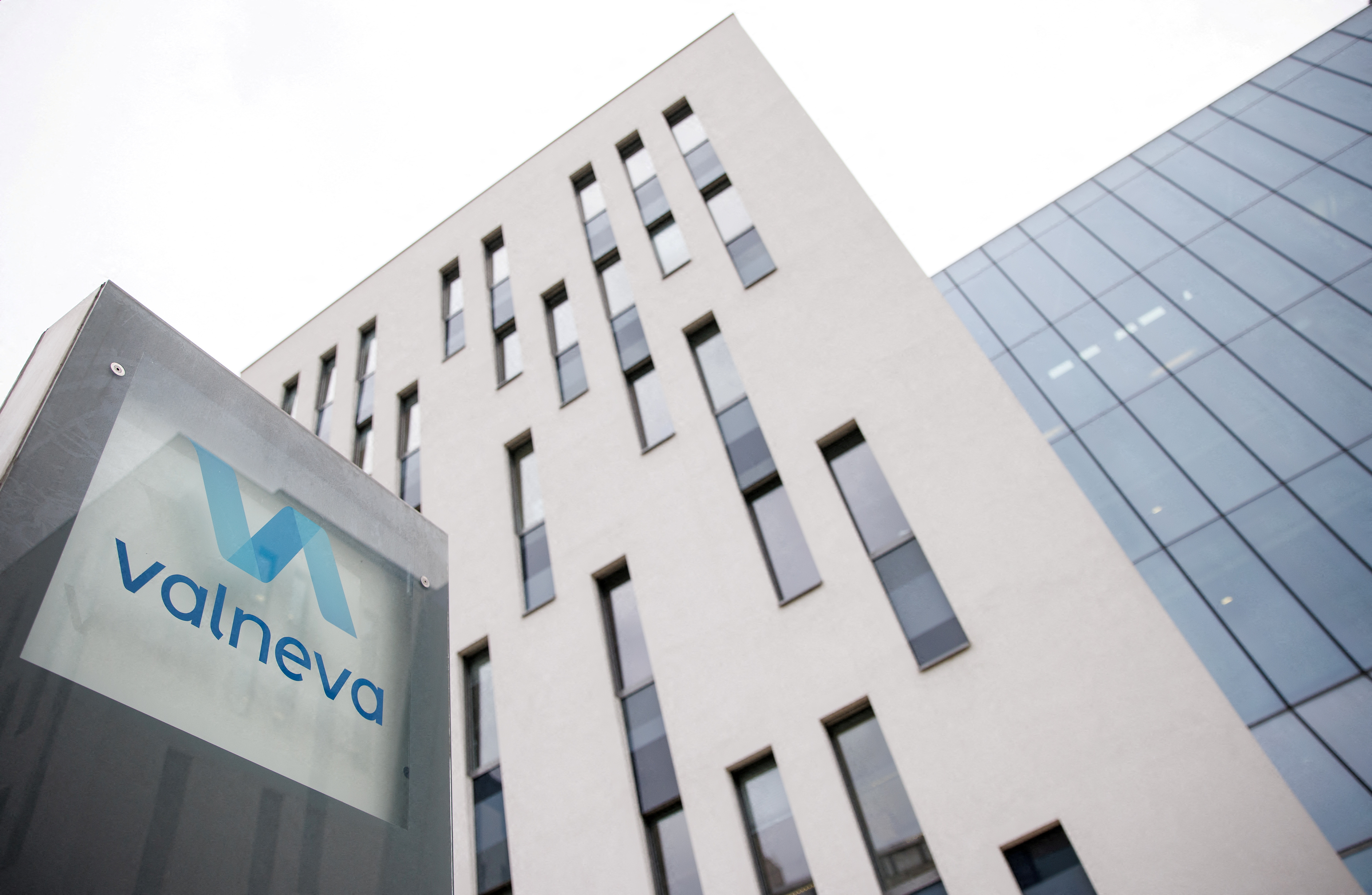 The logo of French-Austrian biotech firm Valneva is seen outside their headquarters in Vienna