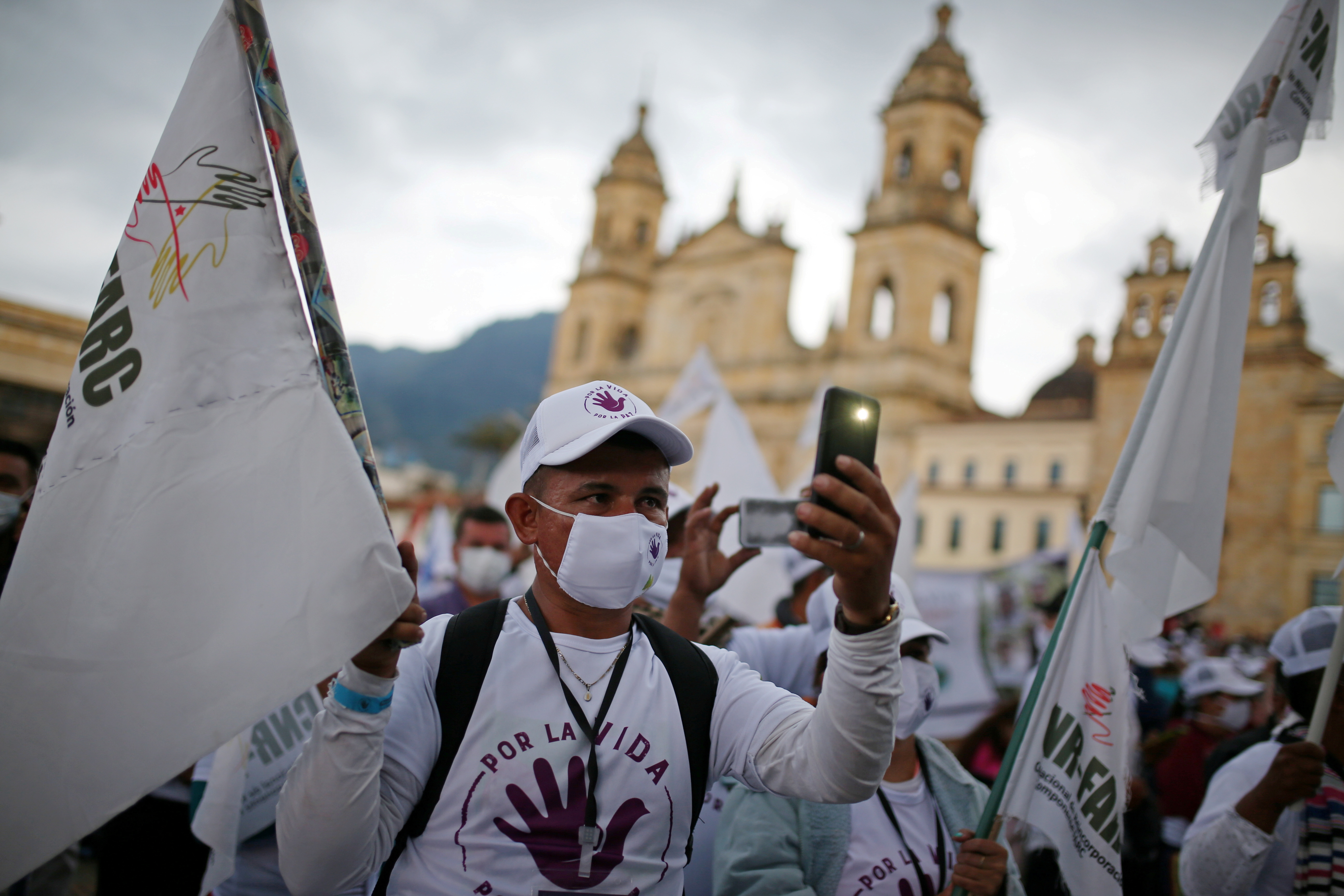 Former FARC guerrillas protest in Bogota