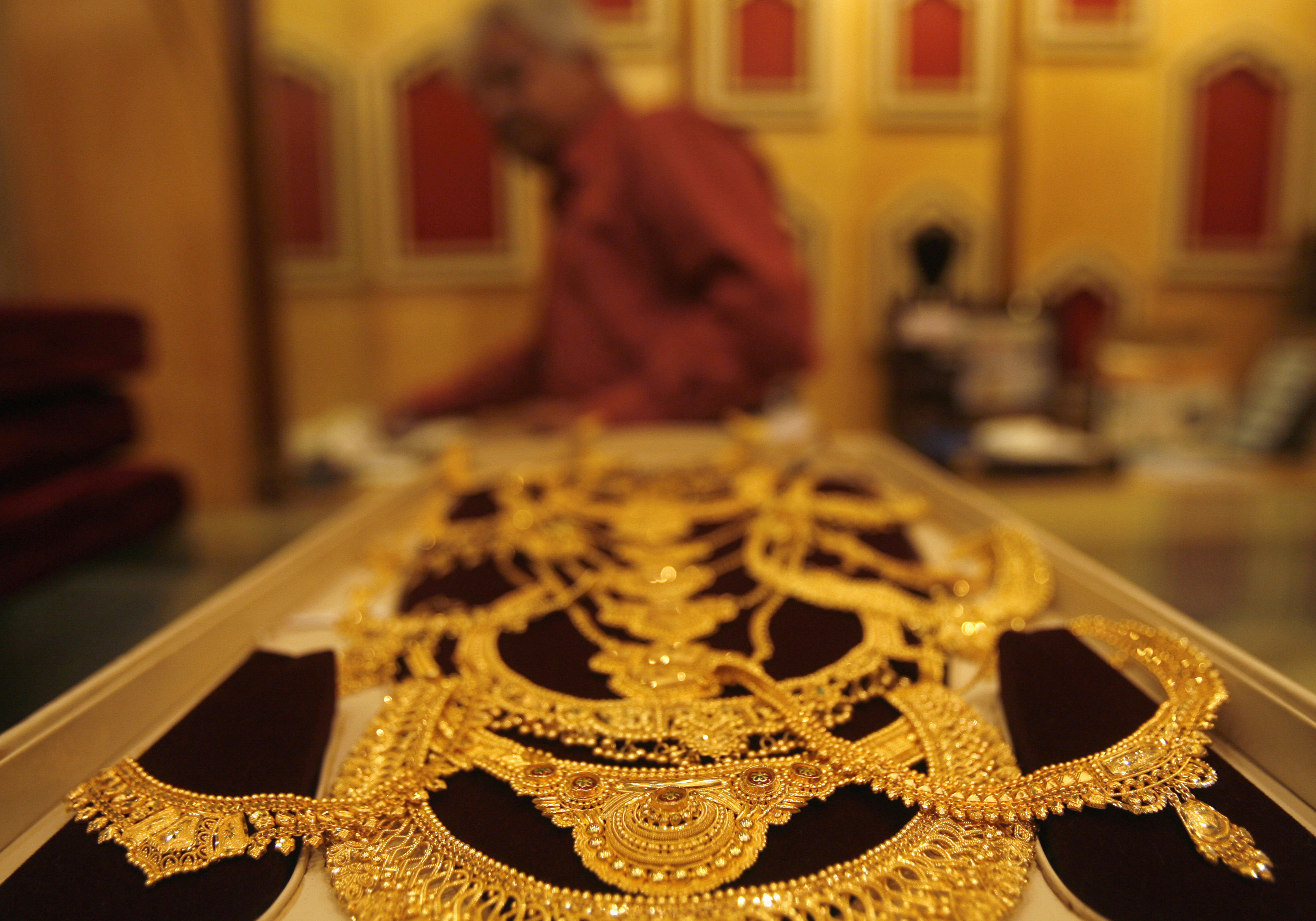 Gold jewellery is displayed at a jewellery shop in Kolkata