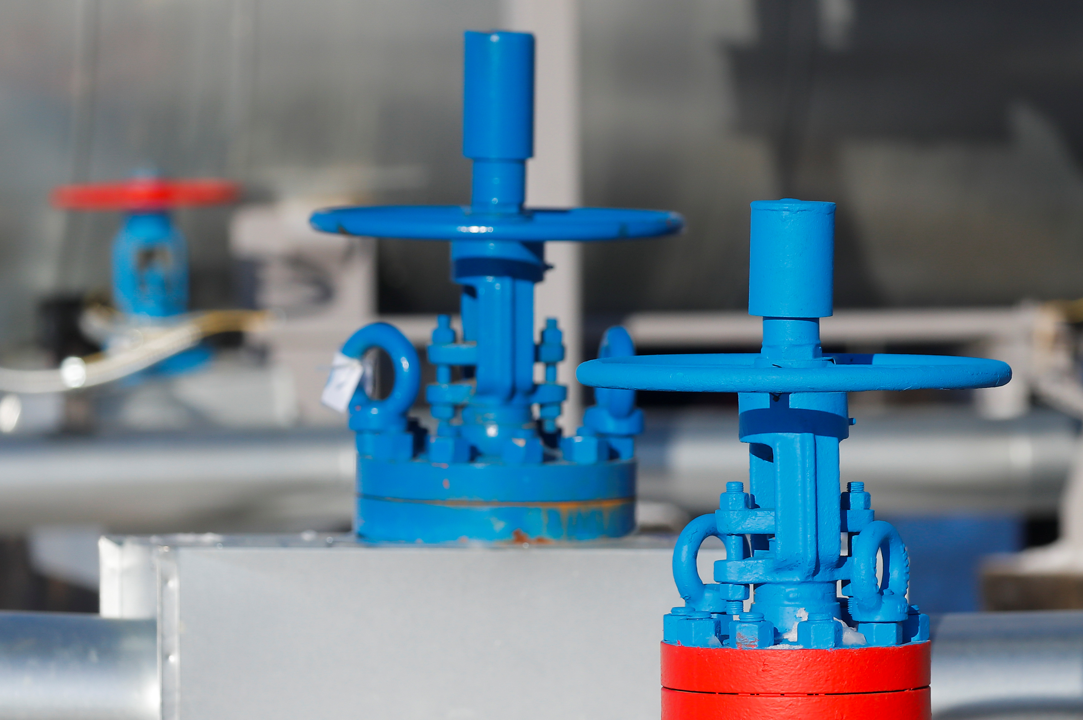 Valves are pictured at the Atamanskaya compressor station, part of Gazprom's Power Of Siberia project outside the far eastern town of Svobodny