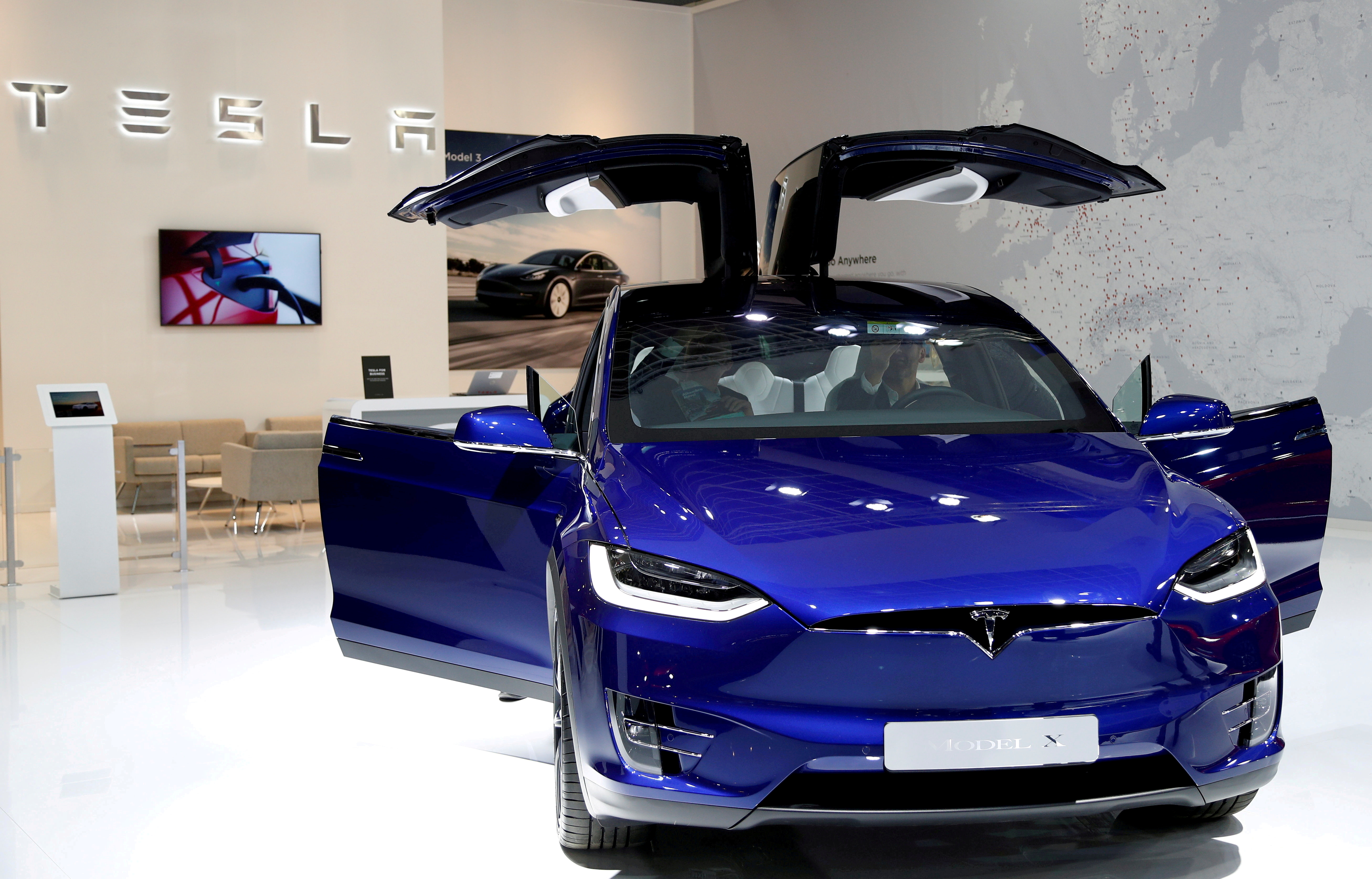 A Tesla Model X electric car is seen at the Brussels Motor Show, Belgium, January 9, 2020. REUTERS/Francois Lenoir