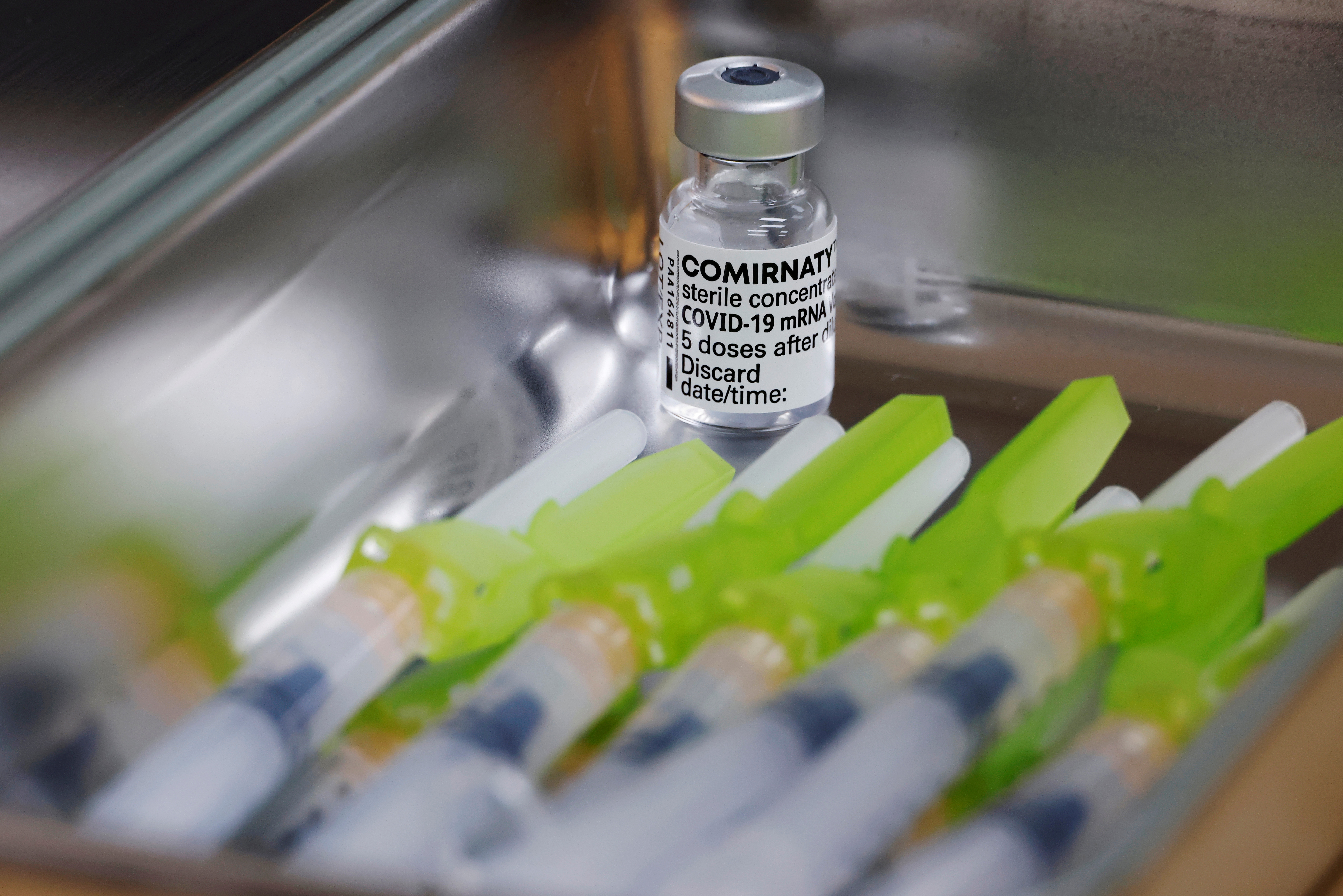 Doses of the Pfizer-BioNTech coronavirus disease (COVID-19) vaccine are seen at a COVID-19 vaccination centre in Seoul