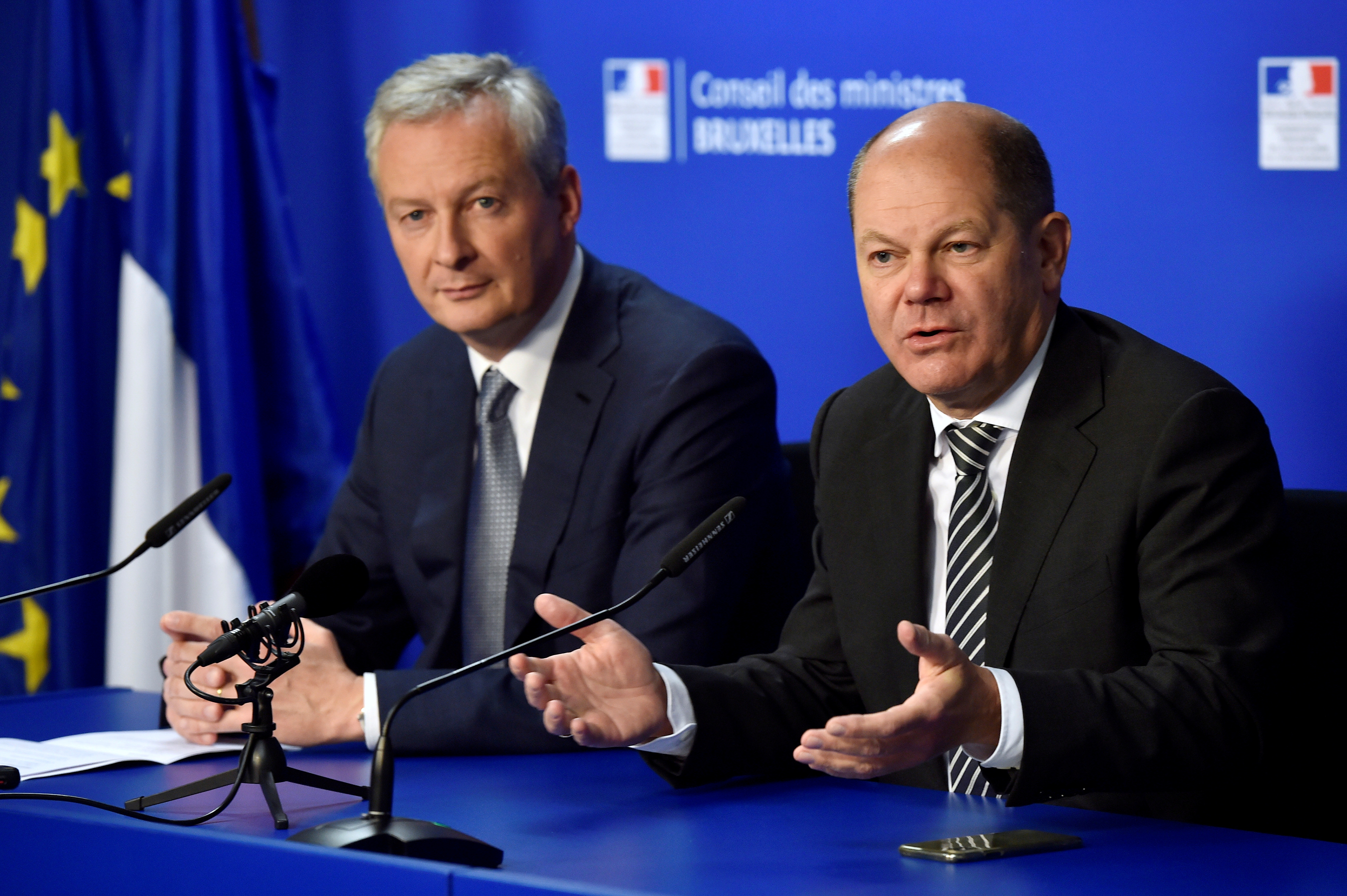 French Economy Minister Le Maire and German Finance Minister Scholz hold a news conference in Brussels