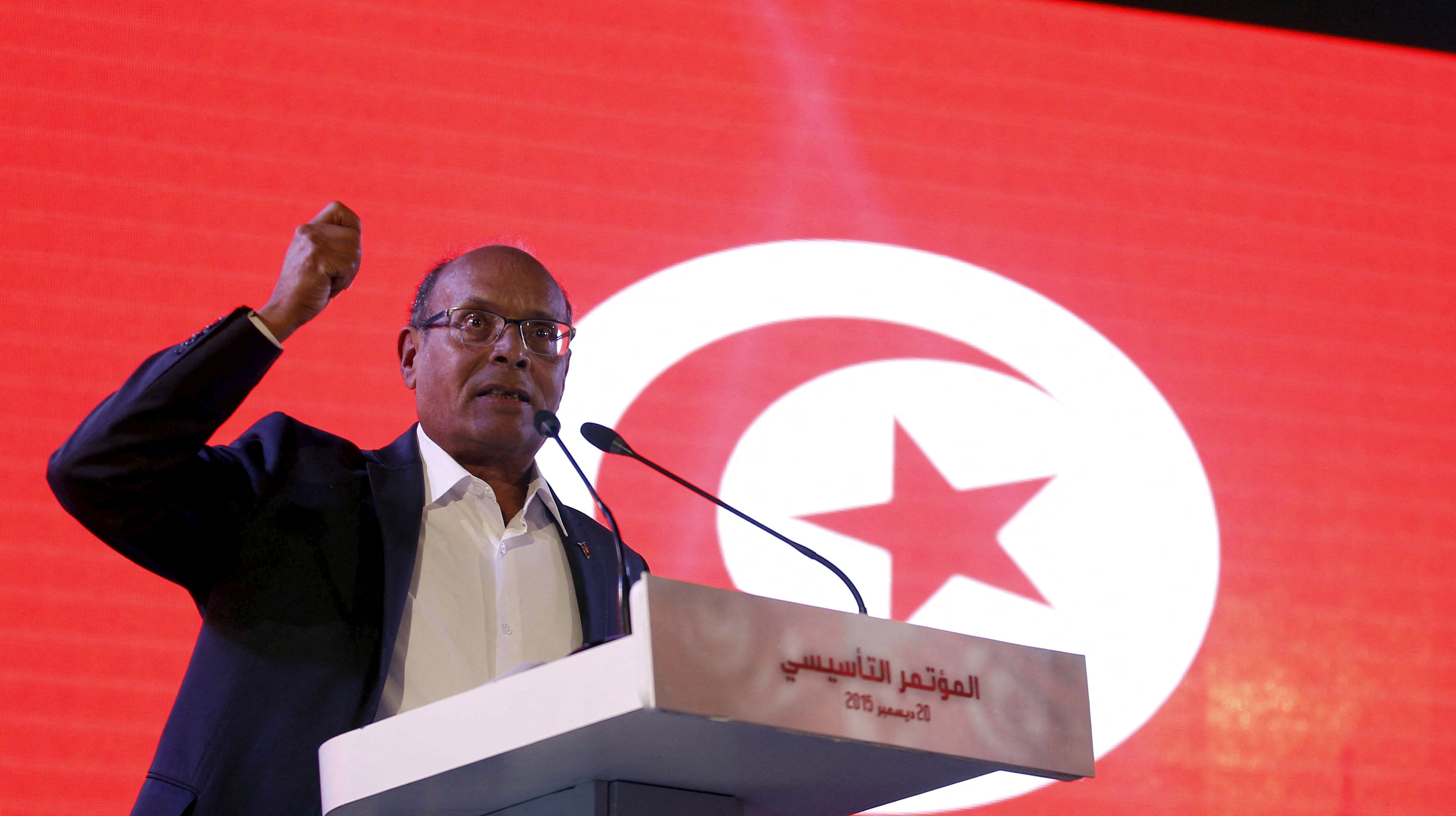 Former Tunisian President Moncef Marzouki speaks at a meeting to launch his new political party in Tunis