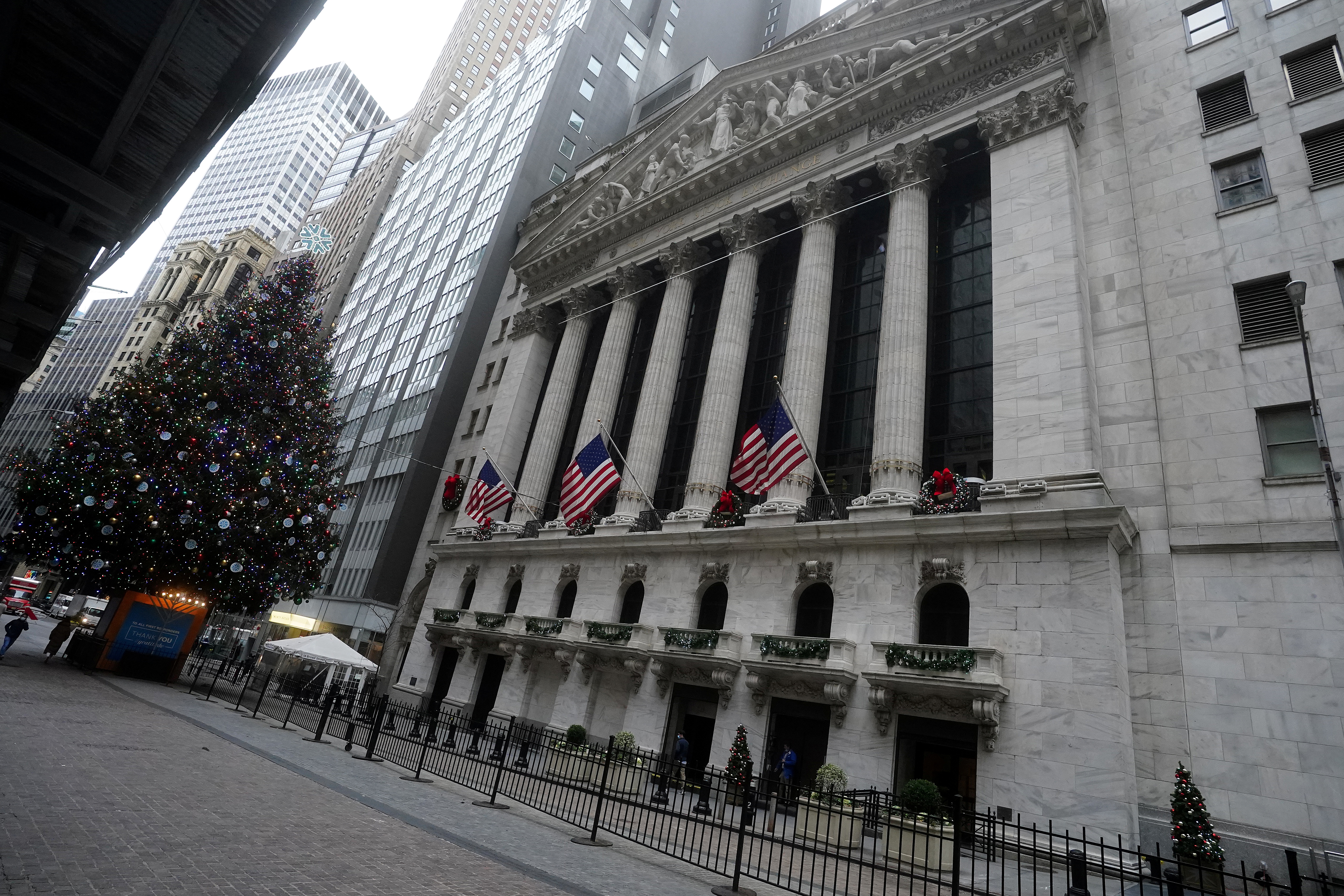 A Christmas tree is pictured outside the New York Stock Exchange
