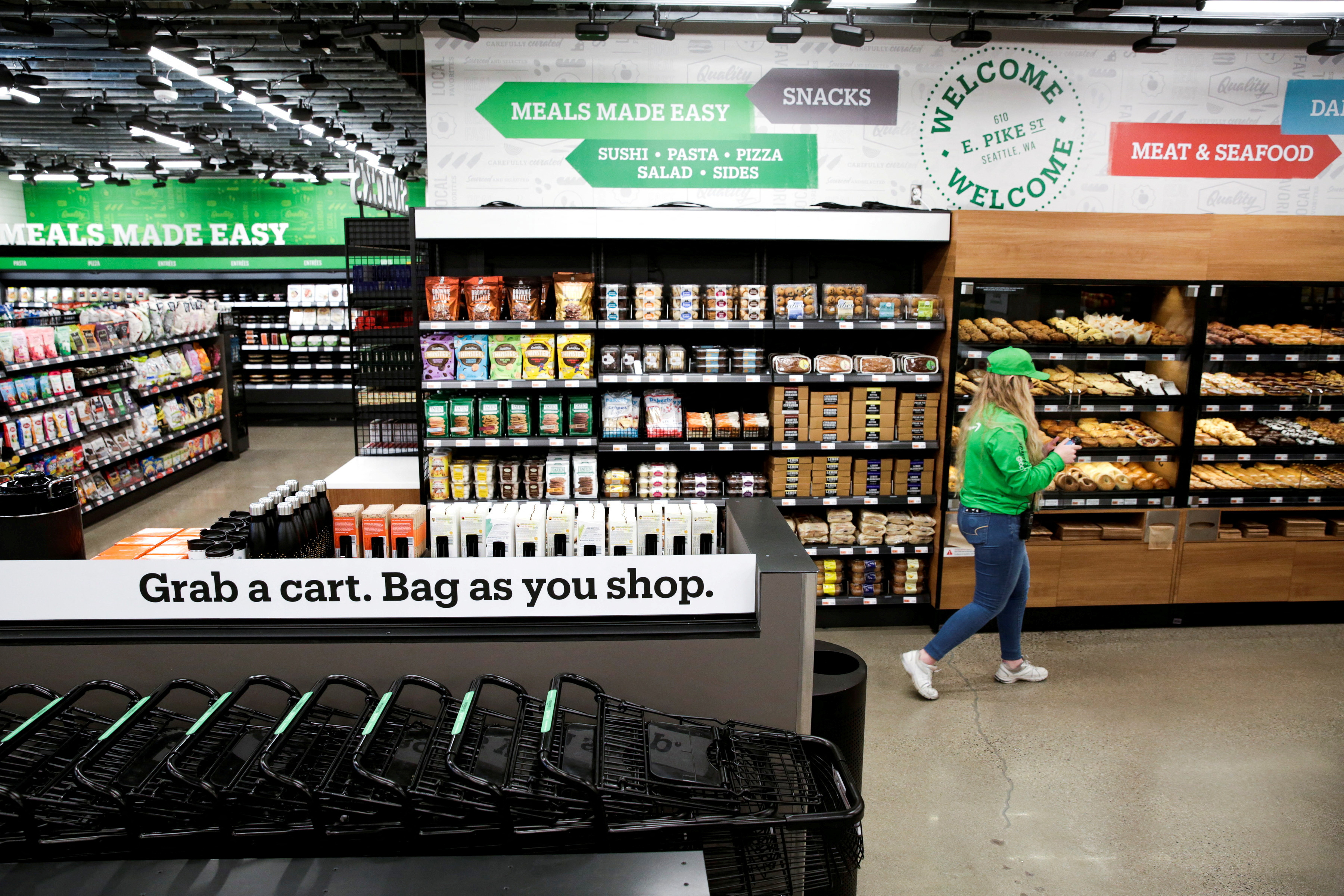 An Amazon checkout-free, large format grocery store is pictured during a tour in Seattle