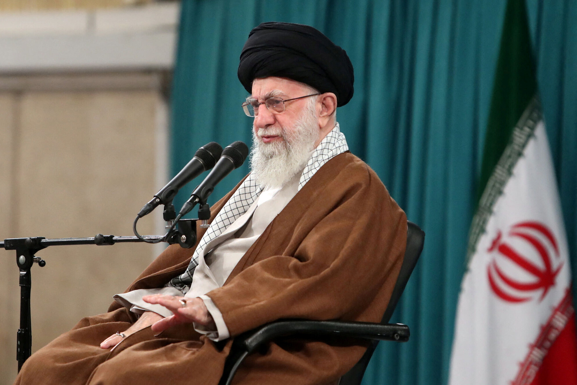 Iran's Supreme Leader Ayatollah Ali Khamenei speaks during a meeting with the families of the Islamic Revolutionary Guard Corps in Tehran