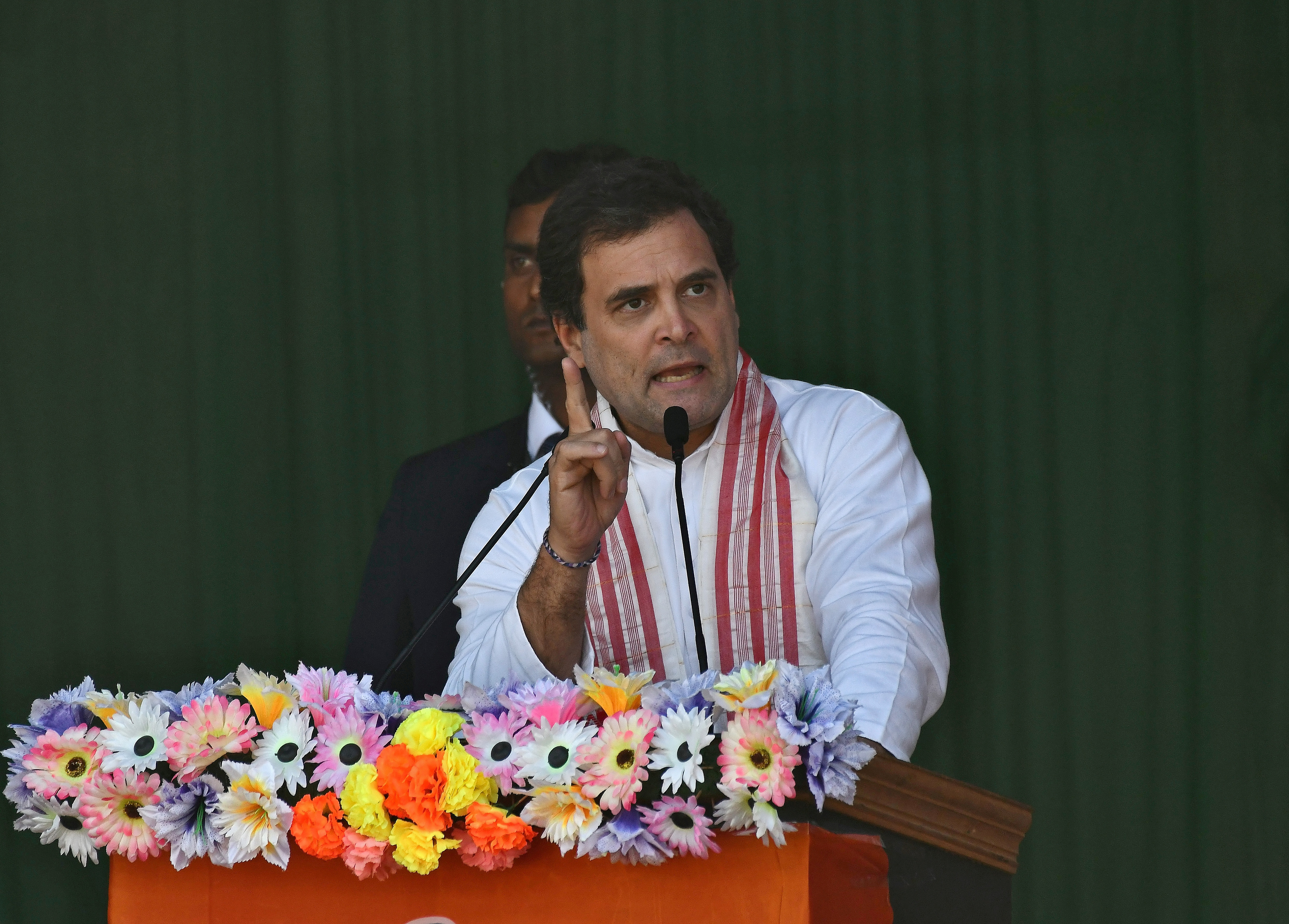 Rahul Gandhi, leader of India's main opposition Congress party, speaks as he attends a protest rally against a new citizenship law, in Guwahati