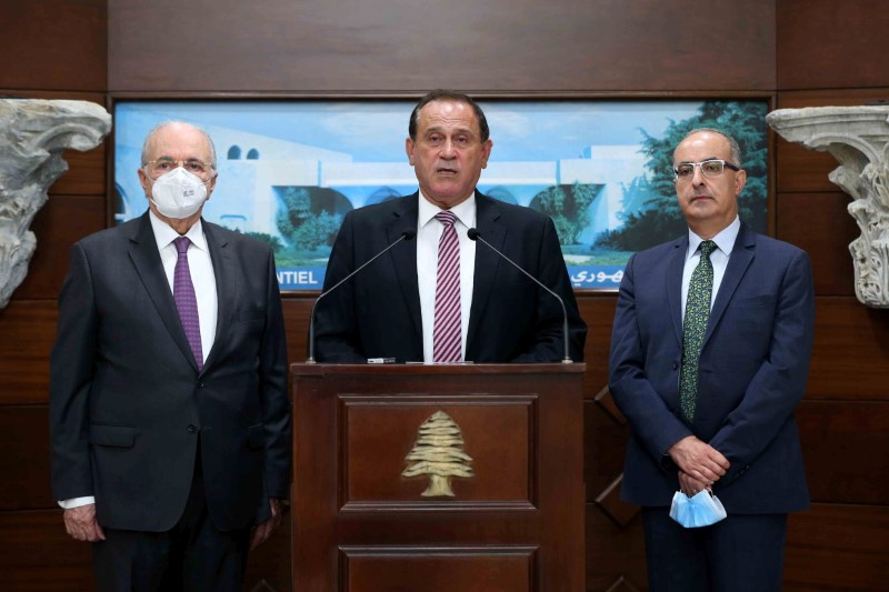 Lebanese caretaker industry minister Imad Hoballah speaks during a news conference in Baabda, Lebanon July 19, 2021. Dalati Nohra/Handout via REUTERS 