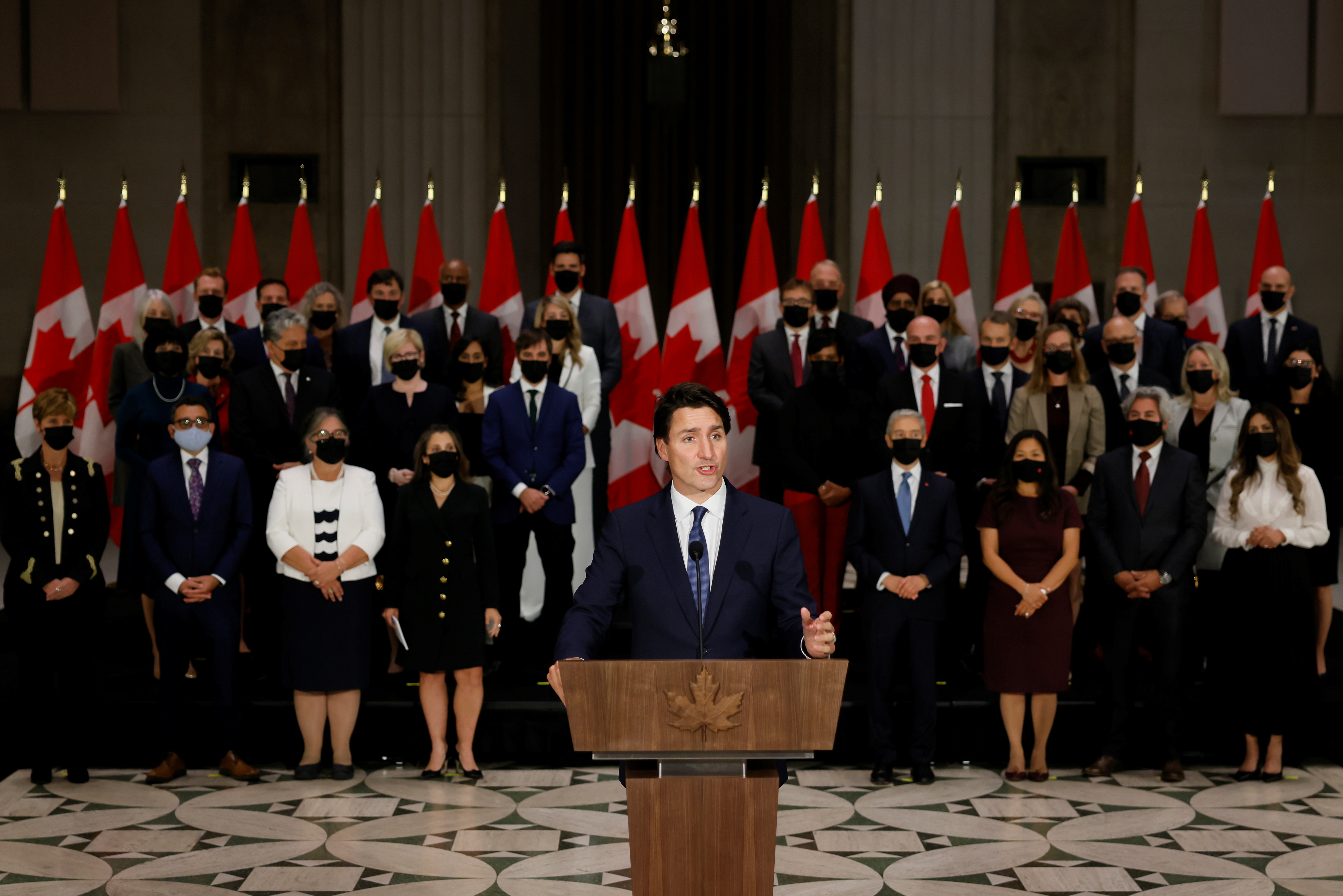 Canada's Prime Minister Justin Trudeau speaks during a news conference after the swearing-in of a new Cabinet in Ottawa, Ontario, Canada October 26, 2021. REUTERS/Blair Gable
