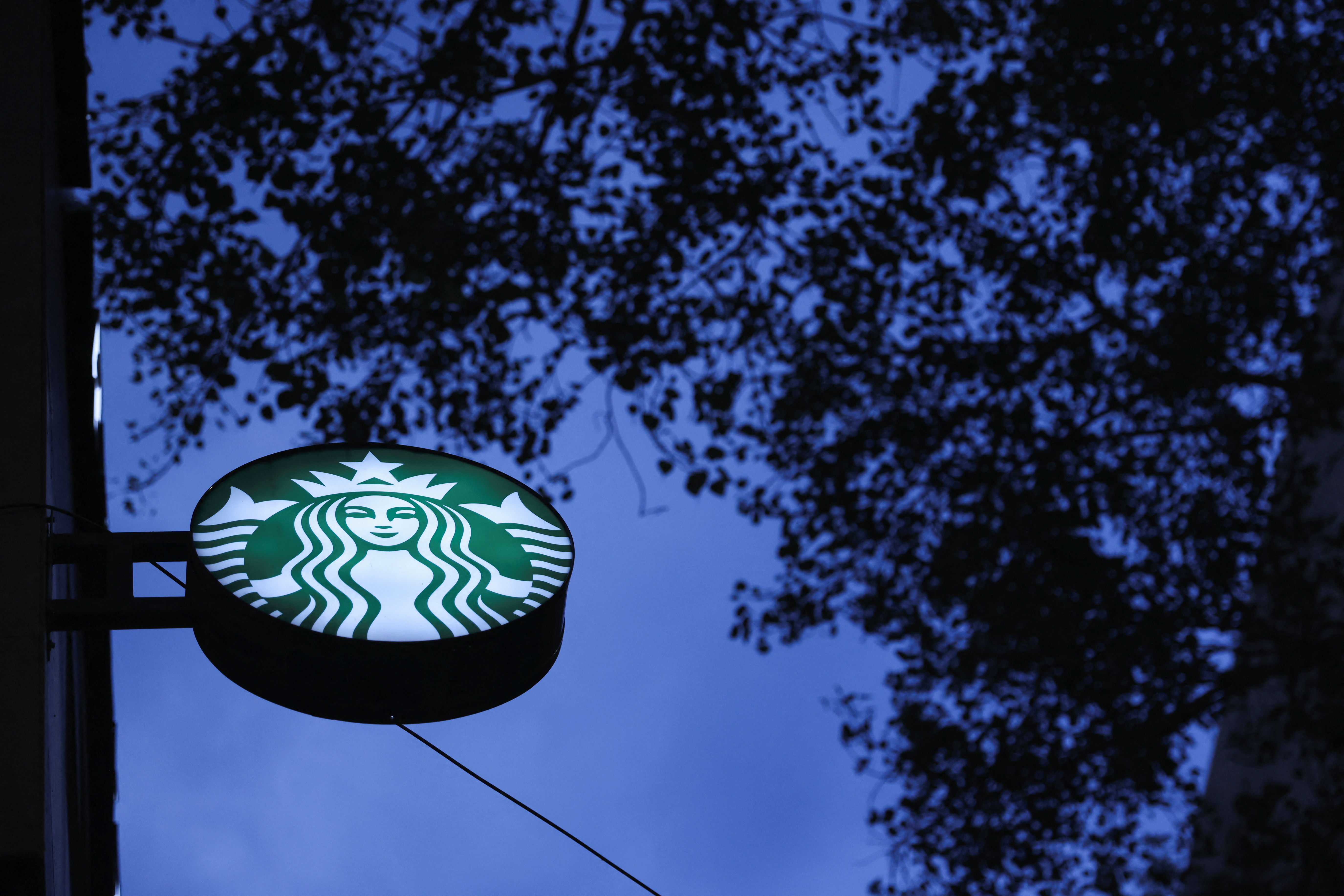 A view shows a Starbucks logo at a Starbucks coffee outlet in New Delhi