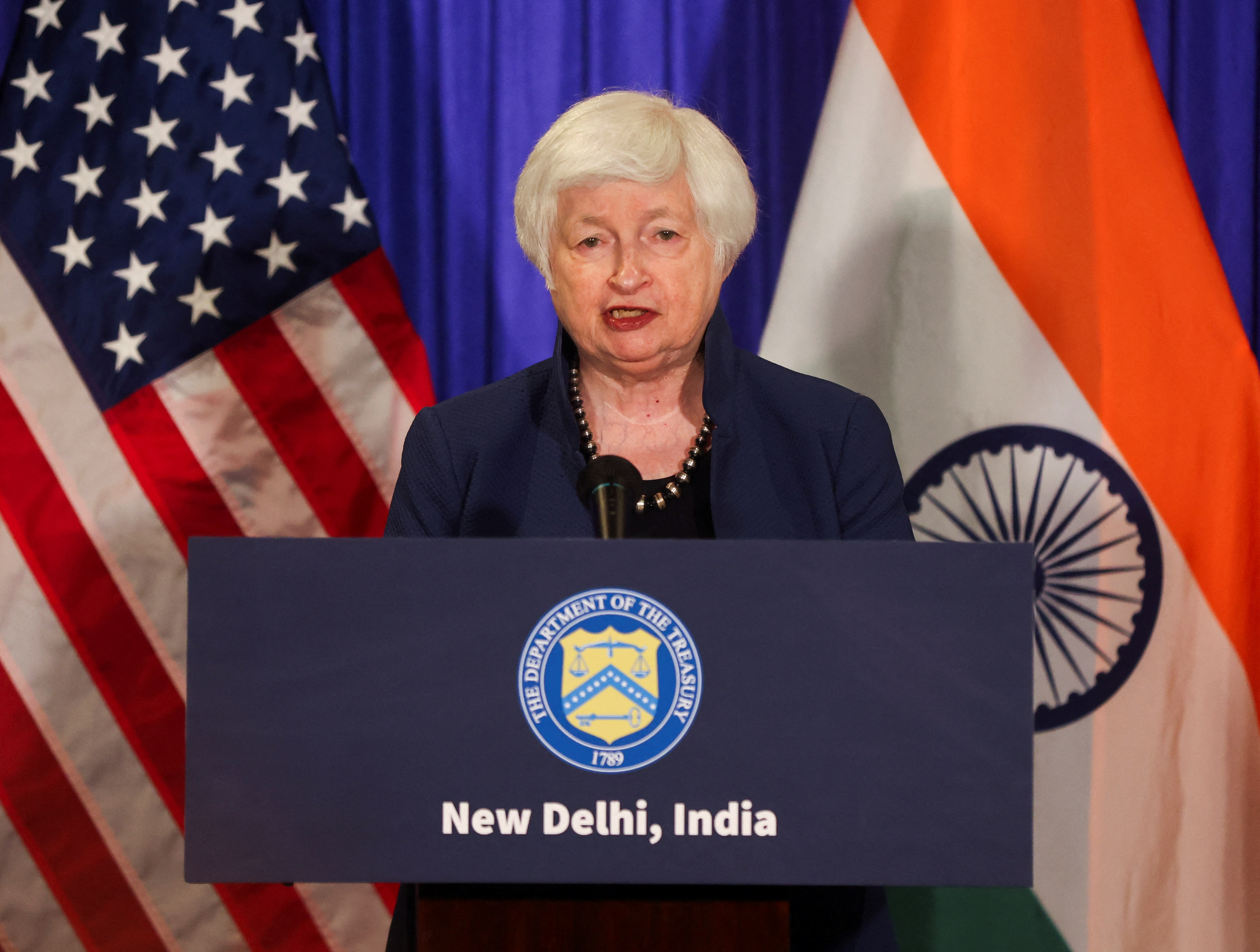 U.S. Treasury Secretary Yellen addresses the media ahead of the G20 Summit in New Delhi