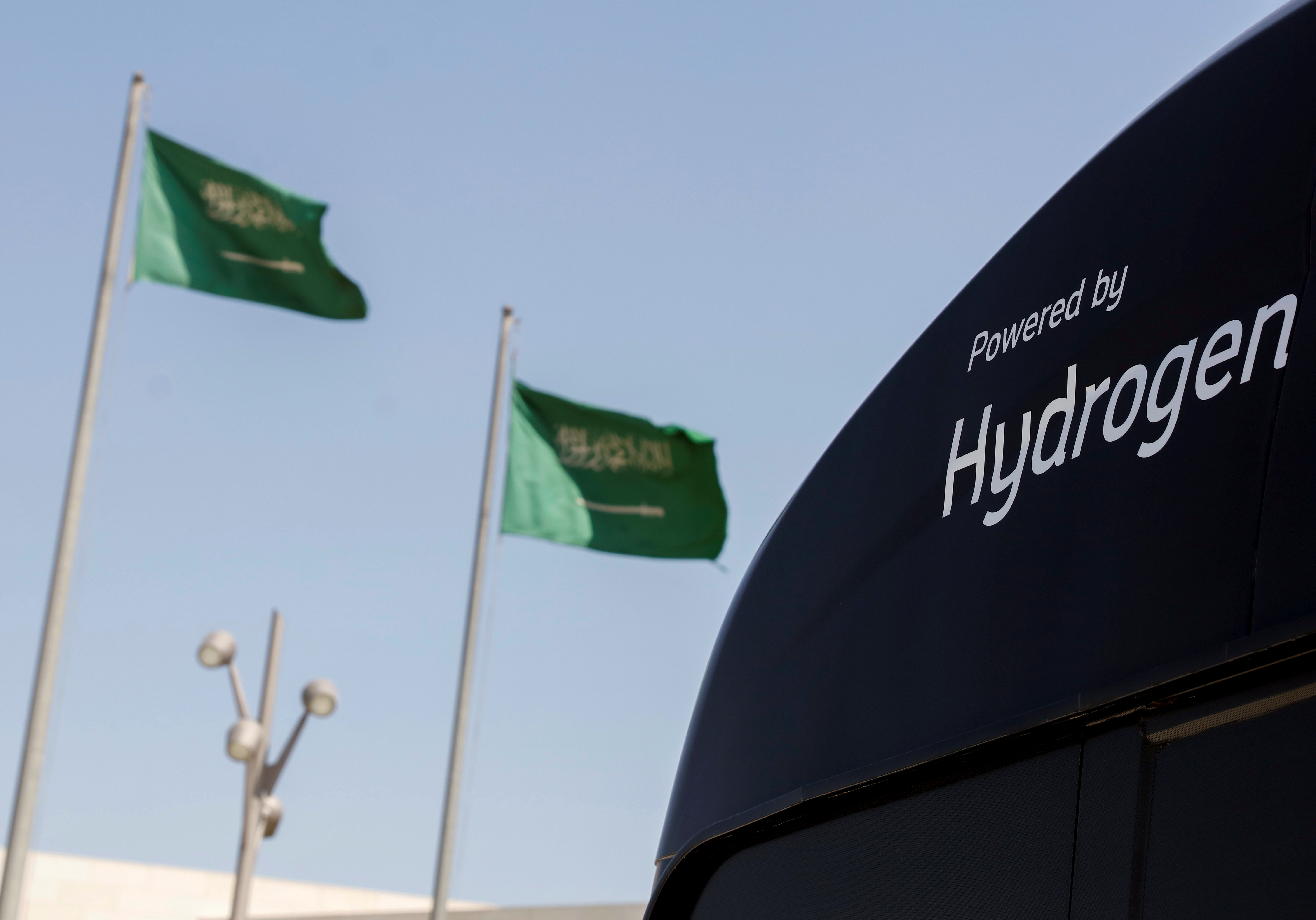 Hydrogen powered mobile unite is seen during Saudi Aramco's media trip to demonstrate Hydrogen automotive technology at Techno Valley Science Park in Dhahran