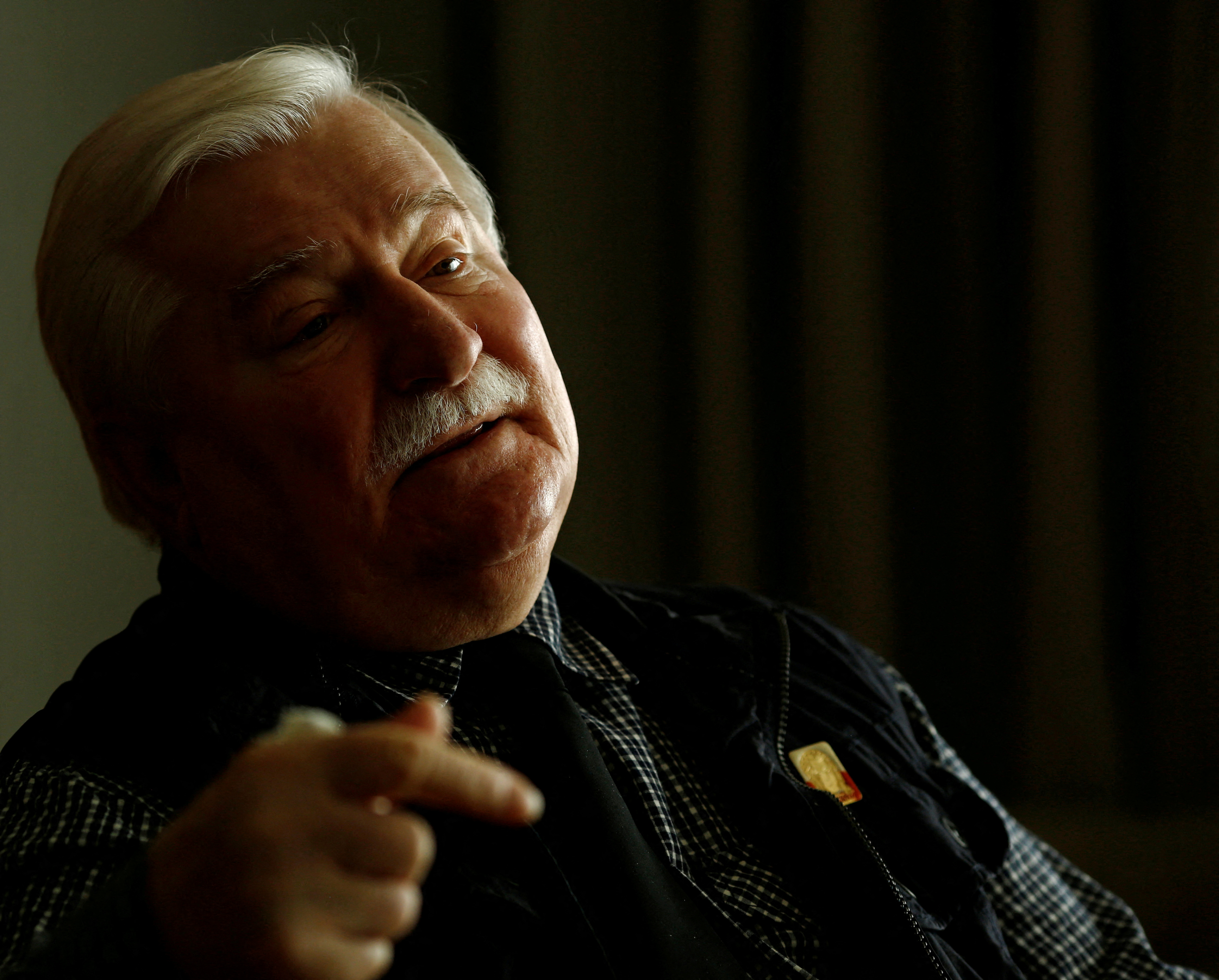 Nobel Peace Prize Laureate Lech Walesa, former president of Poland, gestures after an interview with Reuters at the hotel in Arlamow