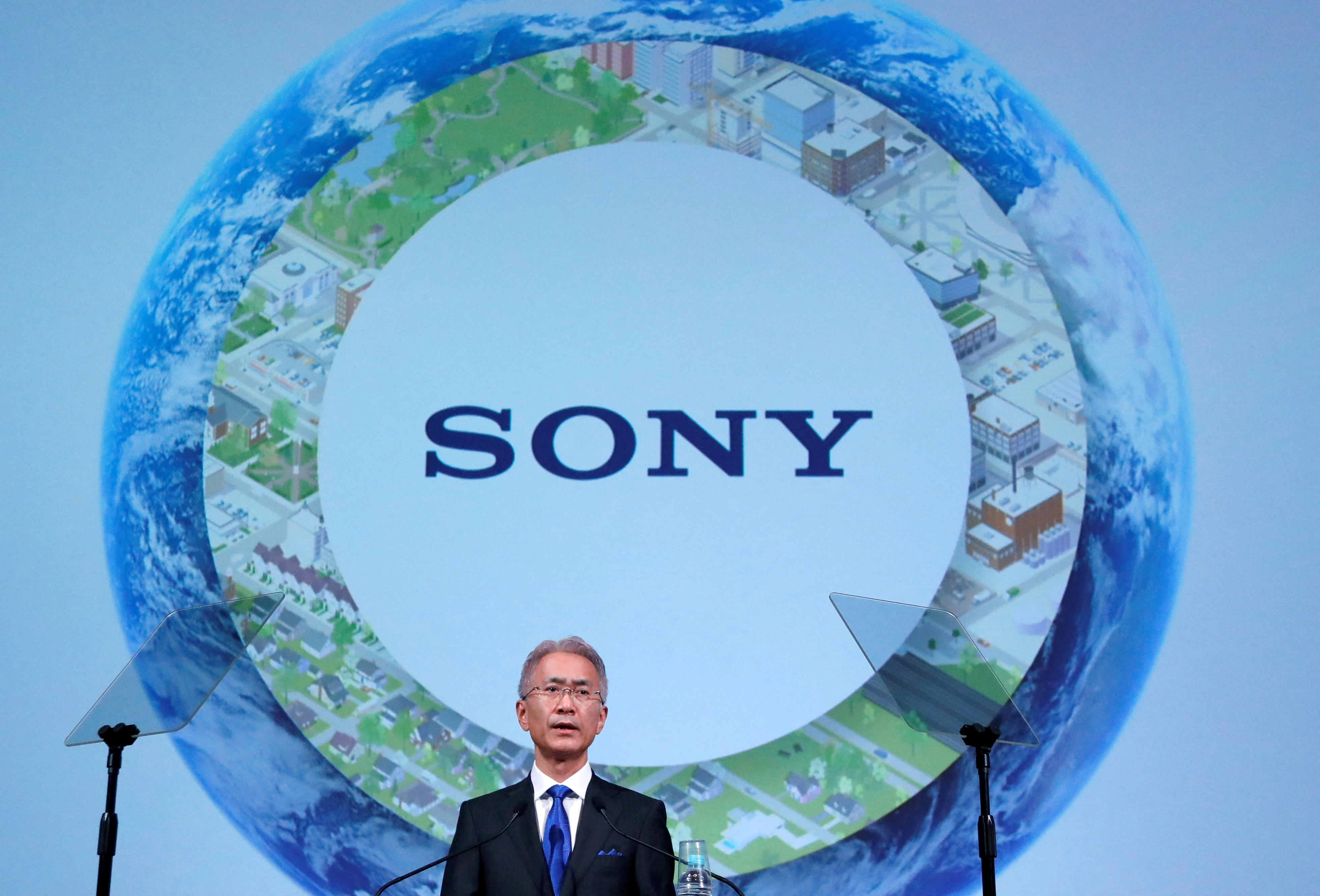 Sony Corp's President and CEO Yoshida attends a news conference at the company's headquarters in Tokyo