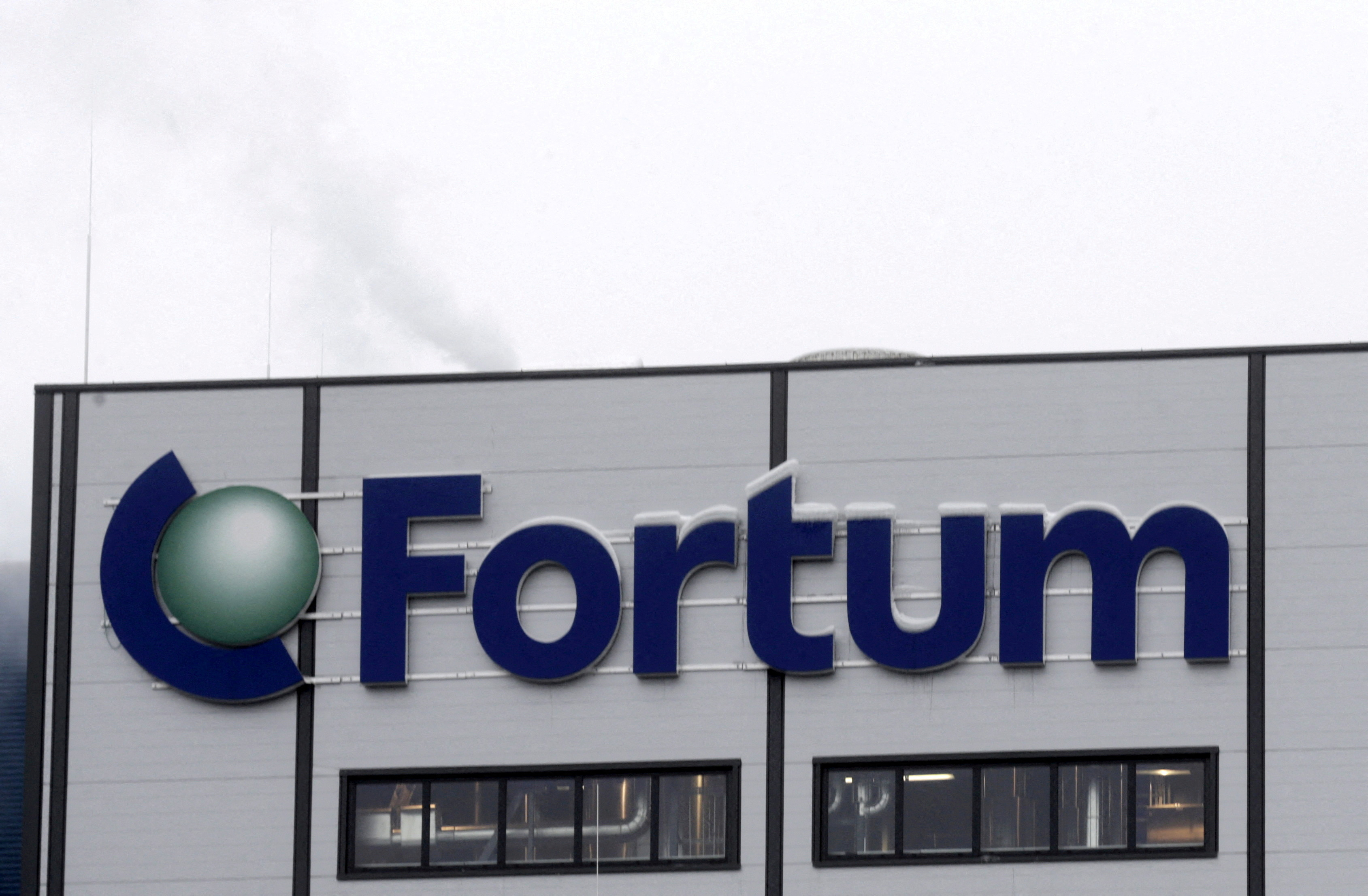 Fortum logo is pictured on the biomass combined heat and power plant in Jelgava