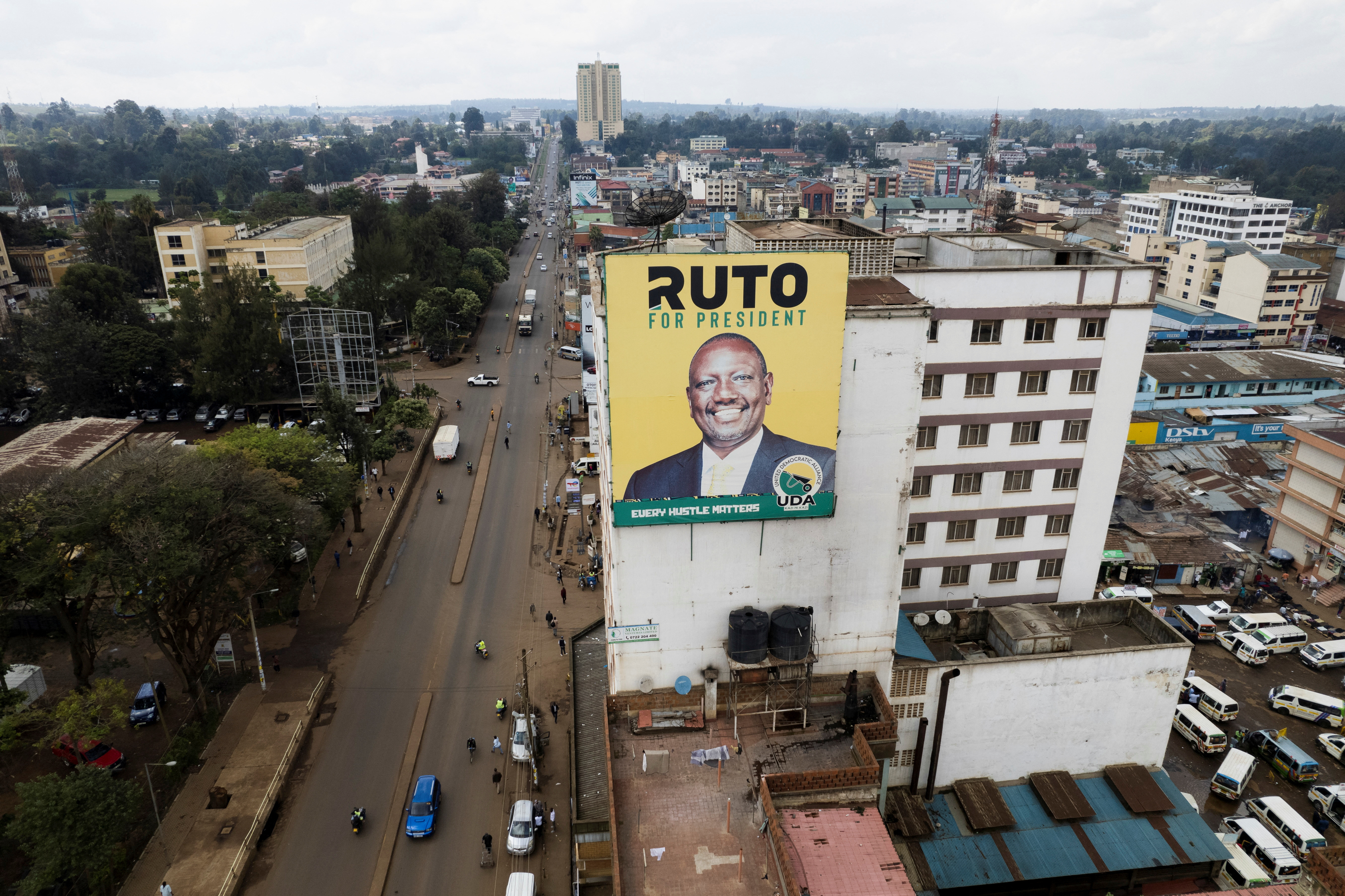 An aerial view shows an election banner in Eldoret
