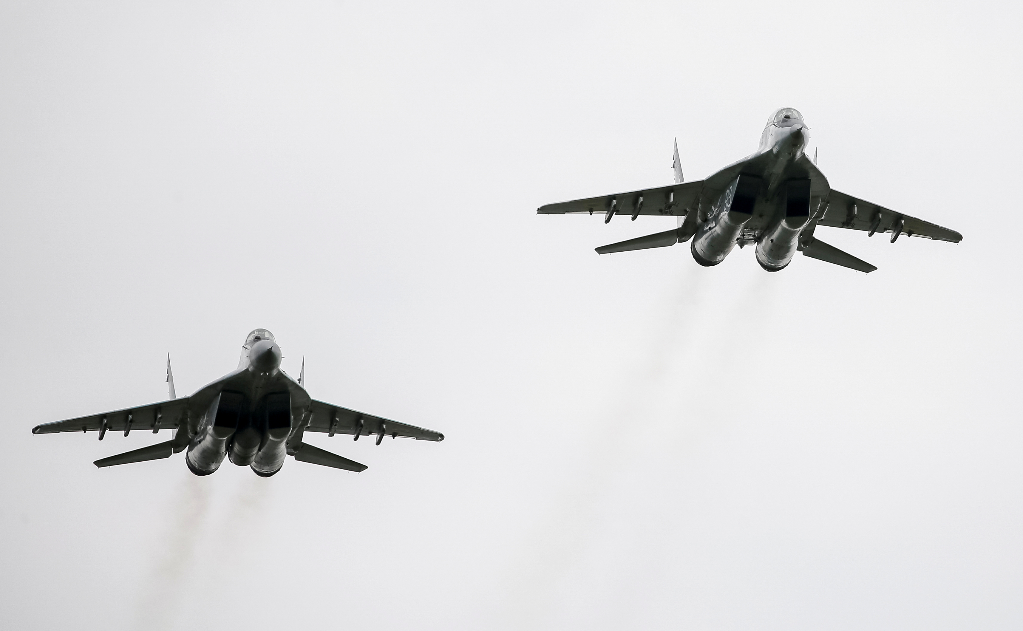 MIG-29 fighter aircrafts fly at a military air base in Vasylkiv