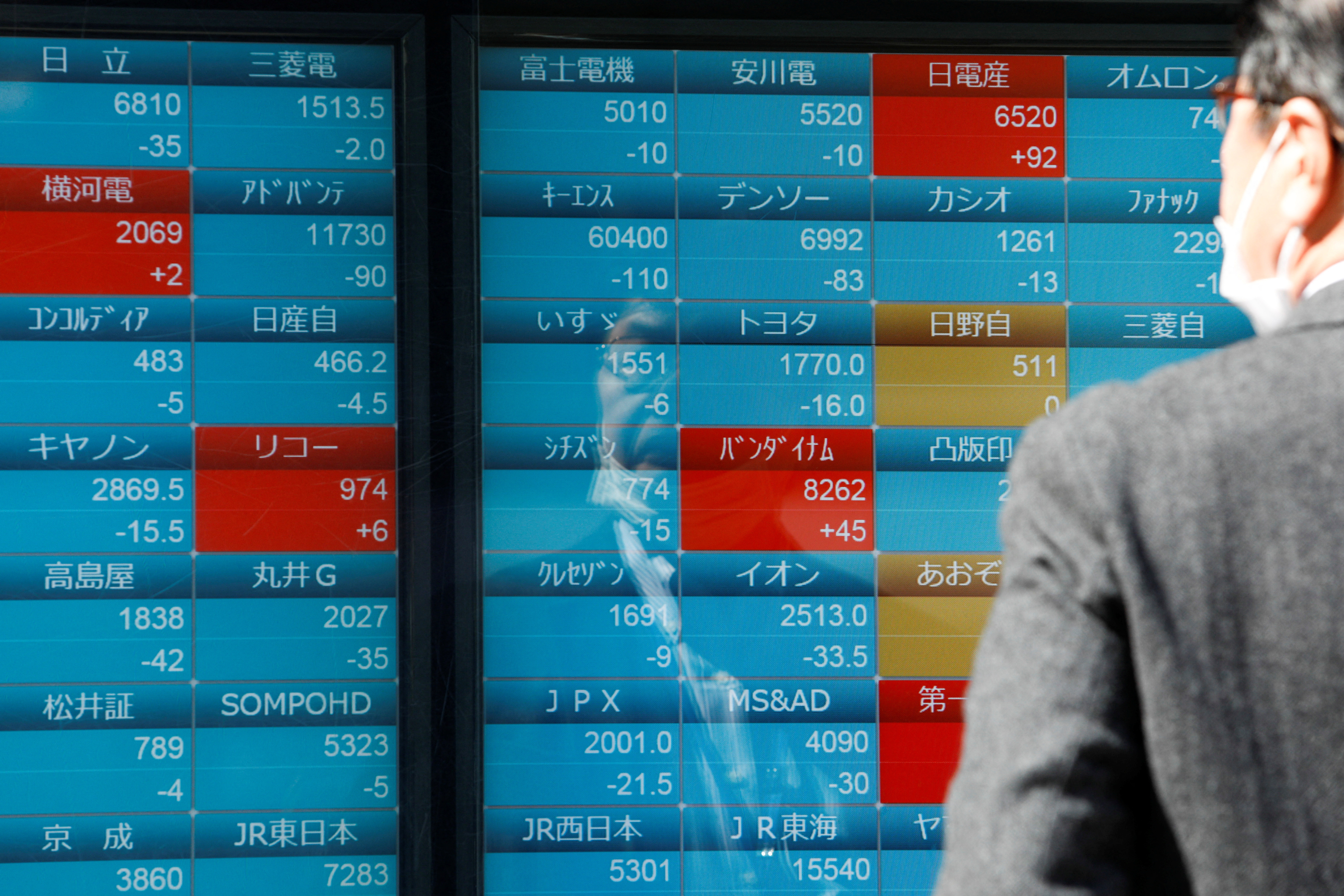 A man watches stock quotations on an electronic board outside a brokerage, in Tokyo