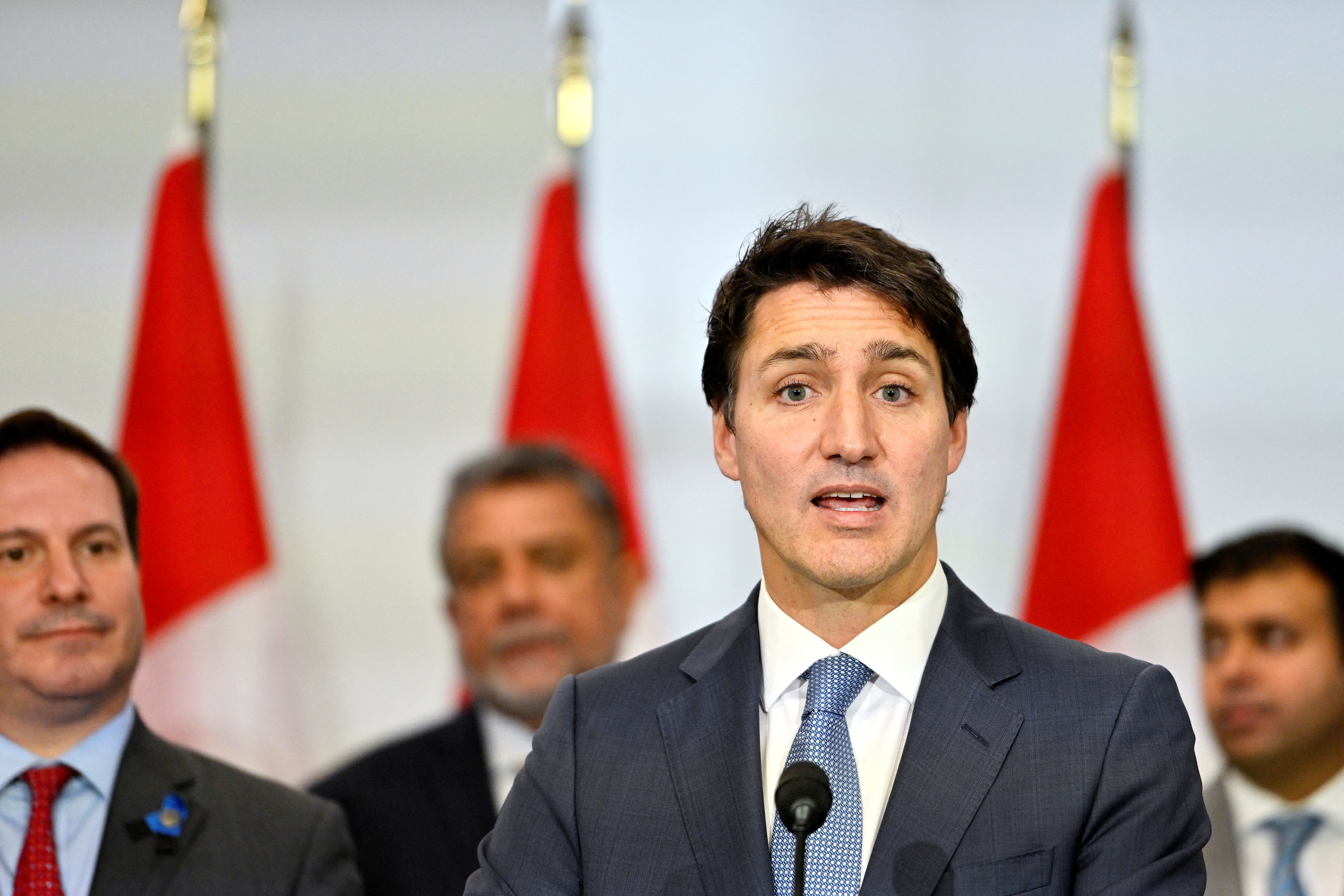 Canada's Prime Minister Justin Trudeau holds a press conference in Surrey, British Columbia