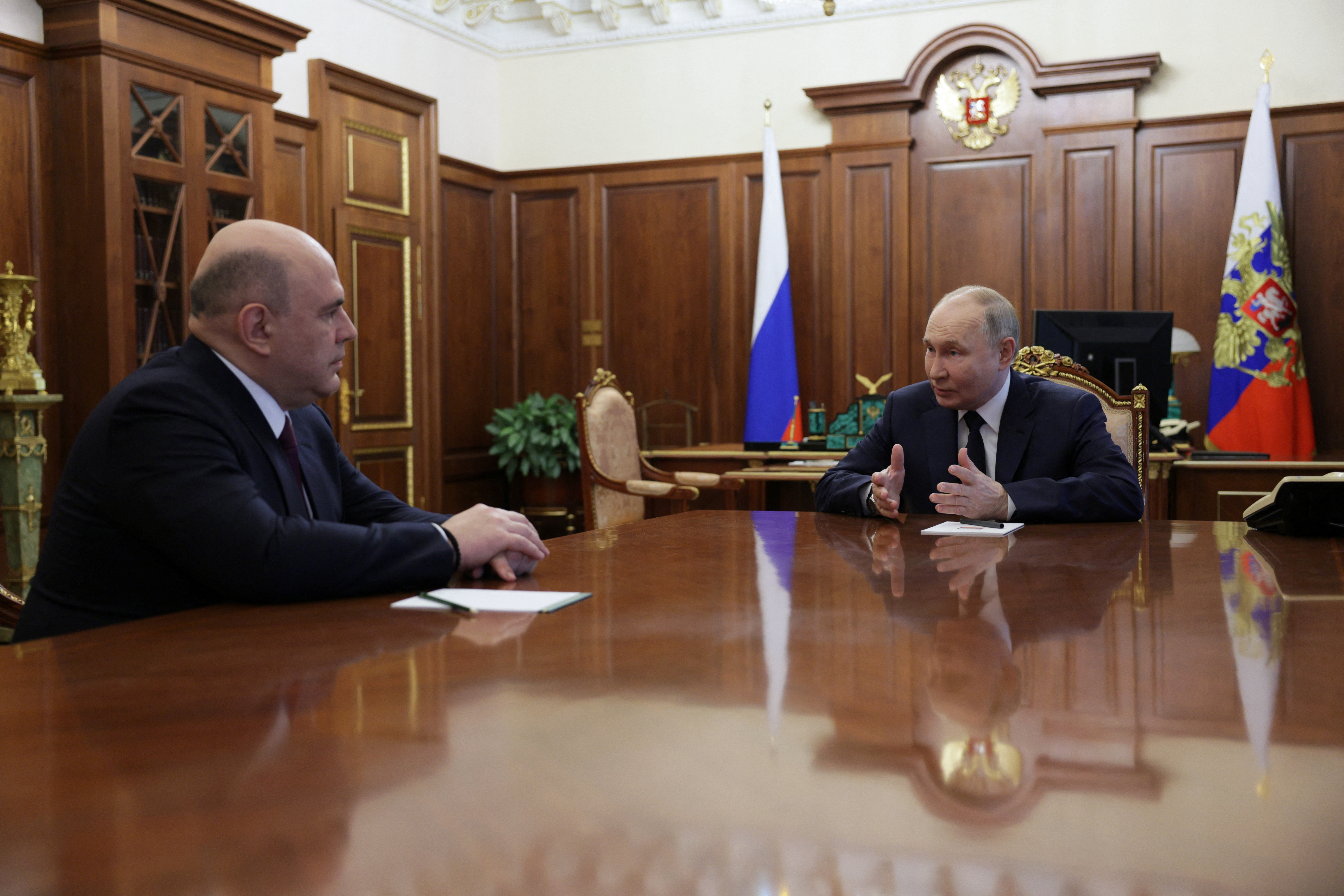 Russian President Putin meets with the candidate for the post of Russian Prime Minister Mishustin in Moscow