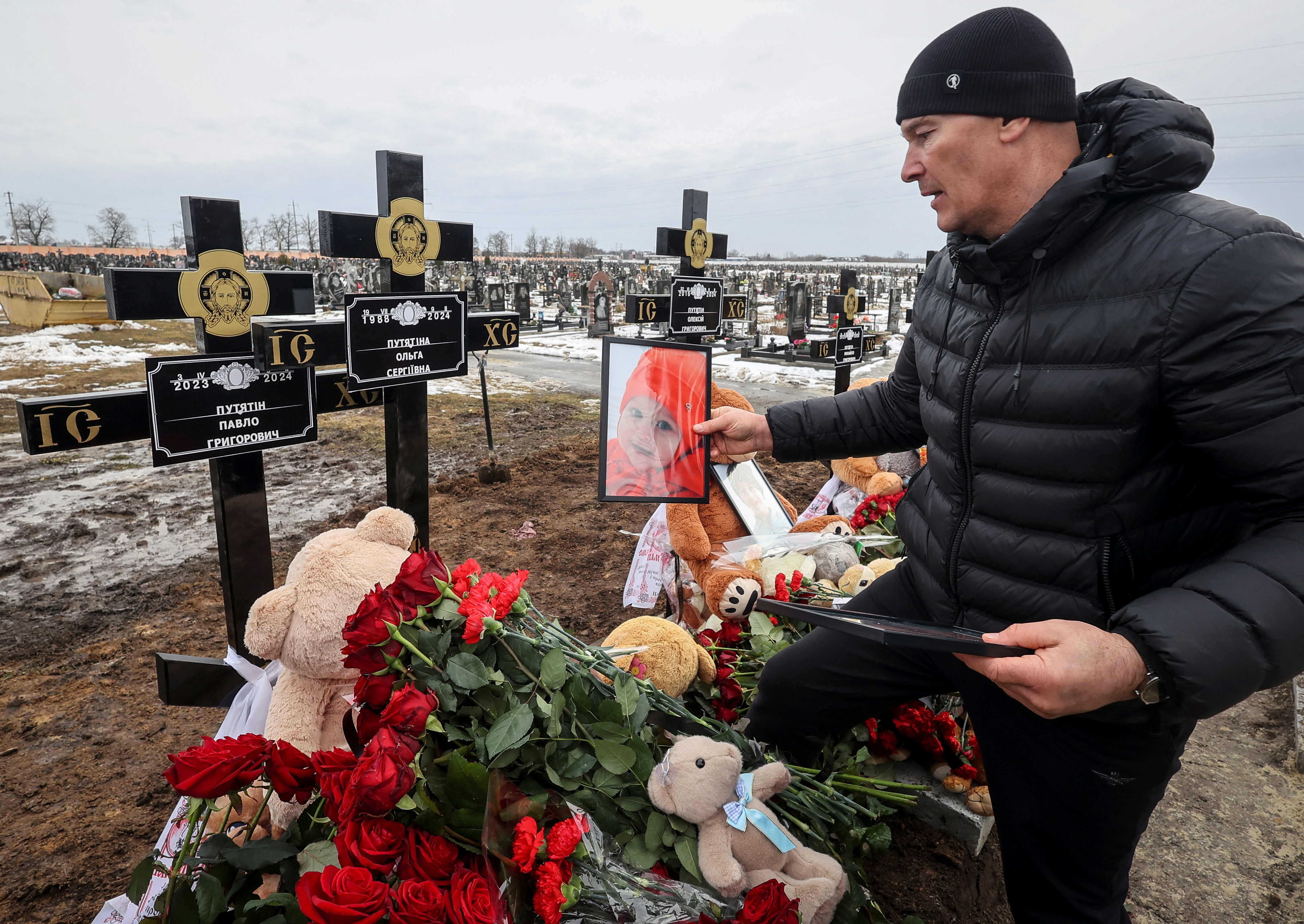 Funeral ceremony for Ukrainian family killed during Russian drone strike, in Kharkiv