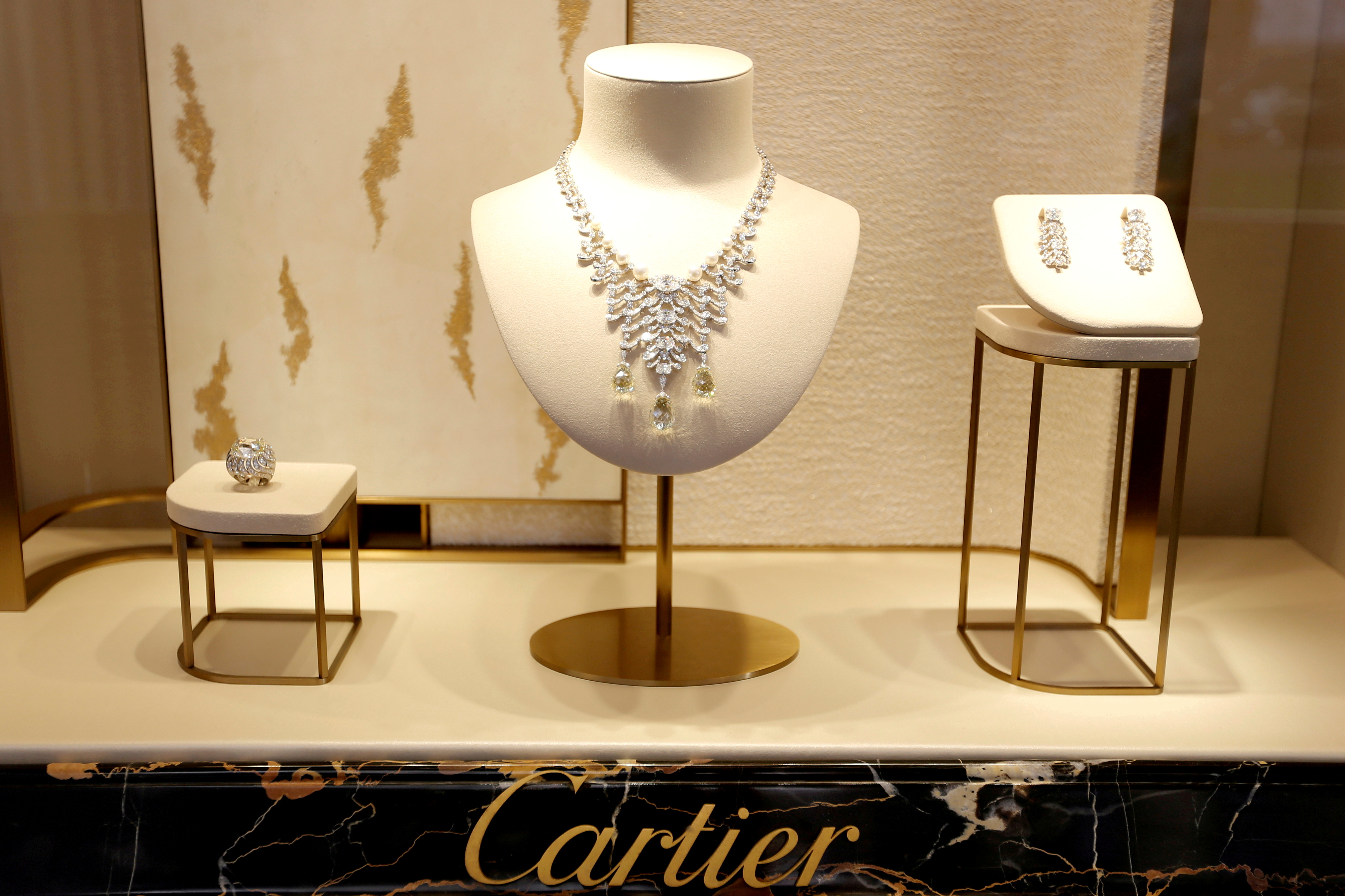 High-end jewellery displayed at a Cartier store on Place Vendome in Paris