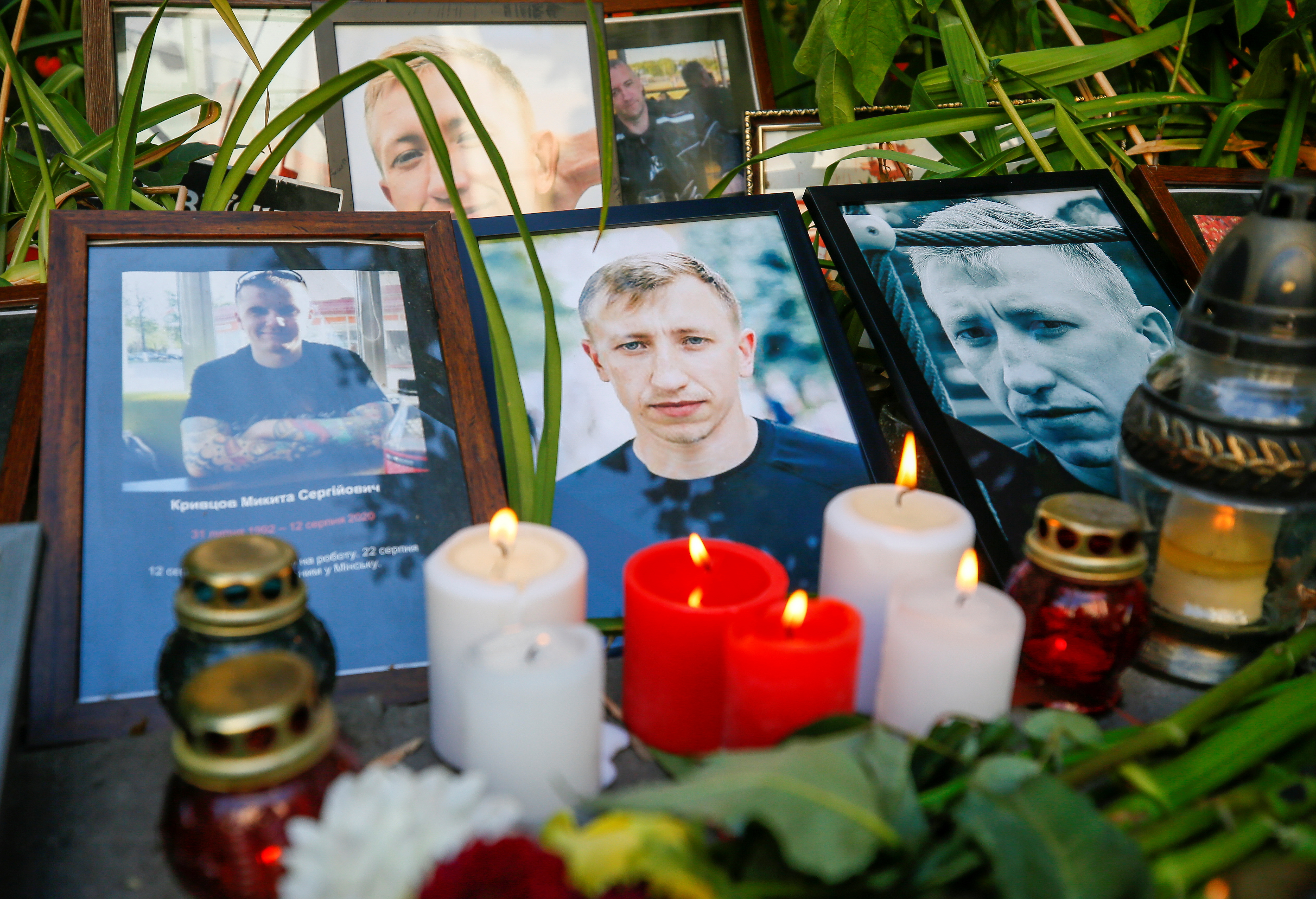 Makeshift memorial for Vitaly Shishov, a Belarusian activist living in exile who was found hanged in a park near his home in Kyiv