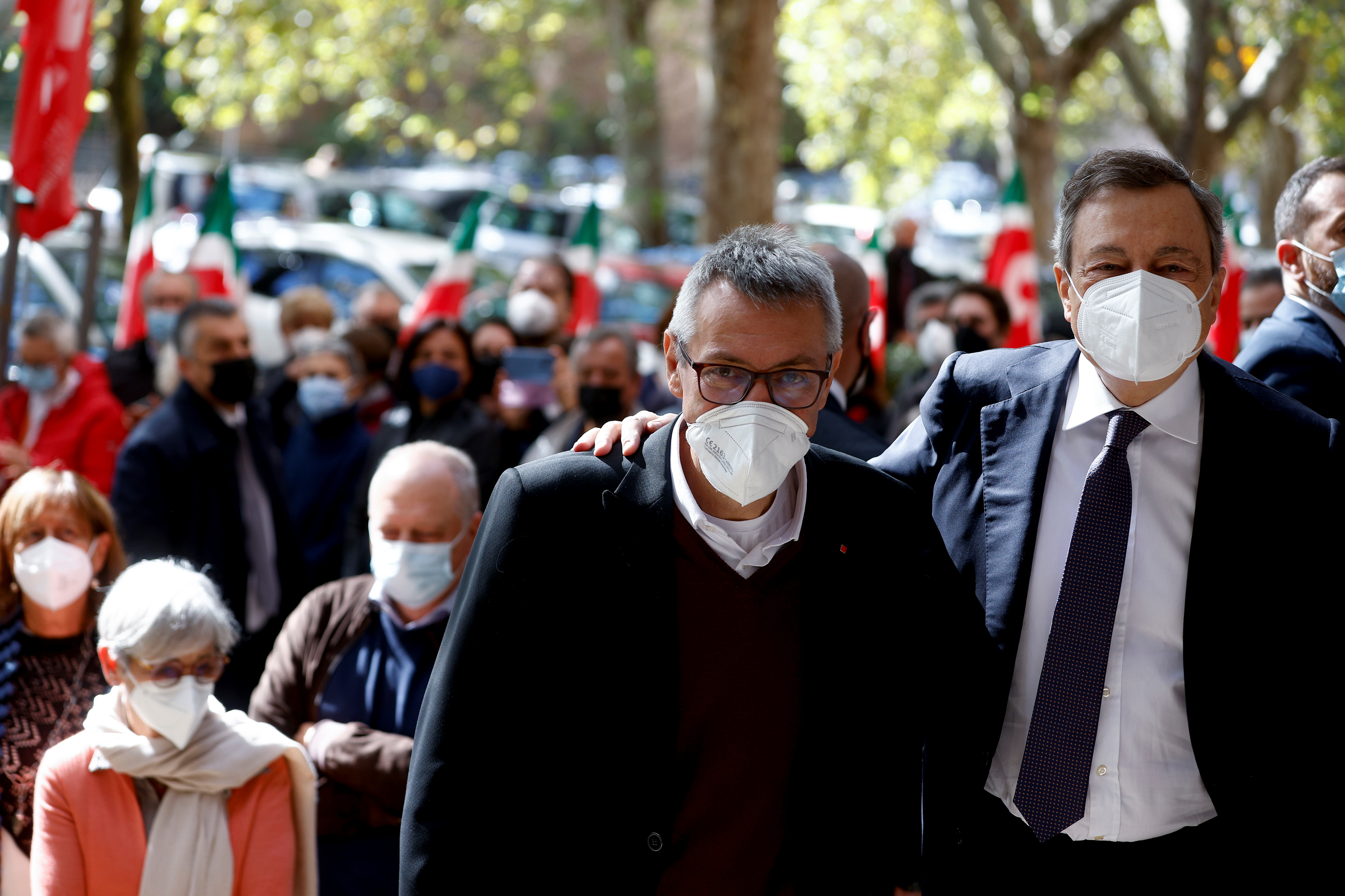 Italian PM Draghi visits trade union headquarters trashed during anti-vax riot, in Rome