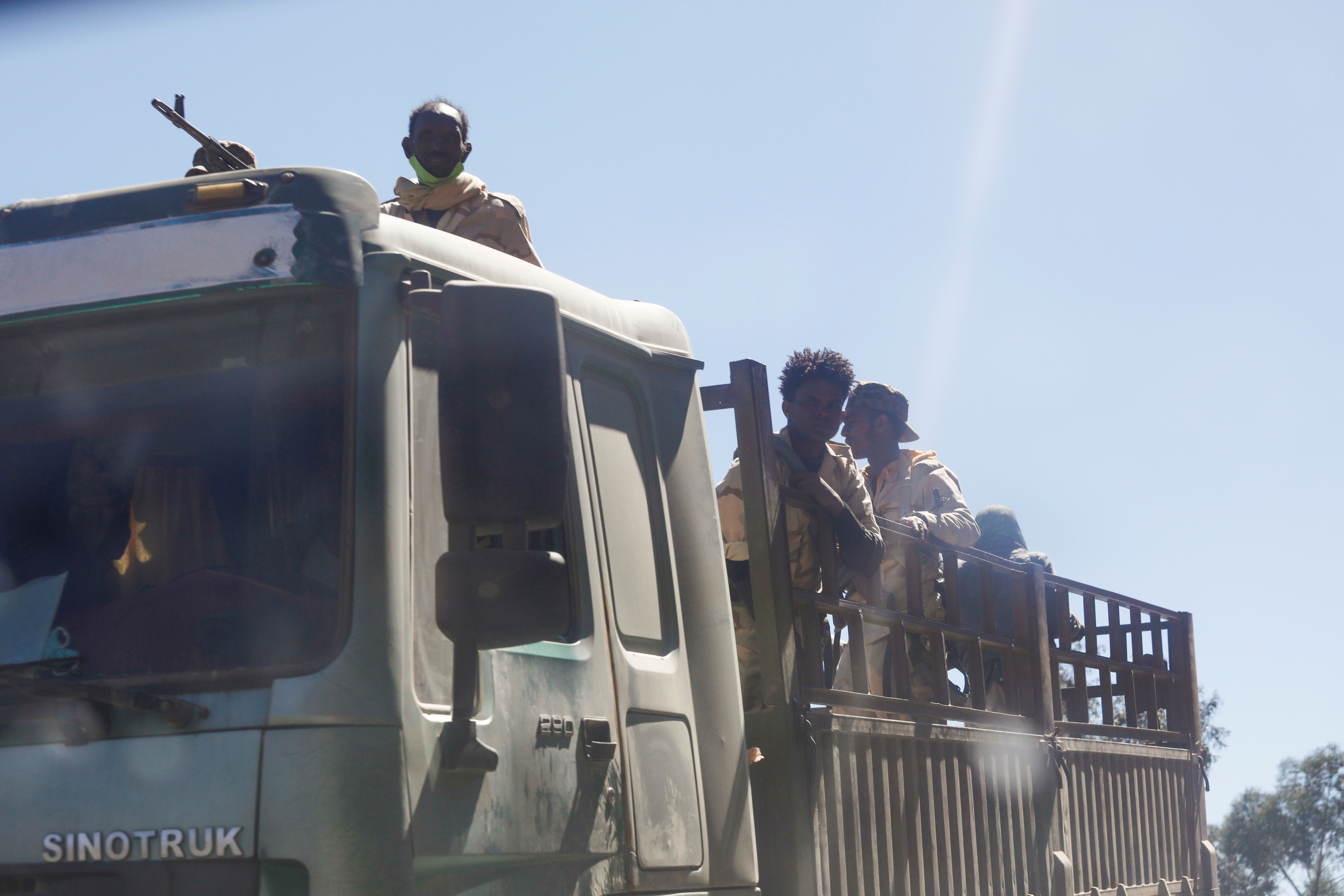 Troops in Eritrean uniforms are seen on top of a truck near the town of Adigrat