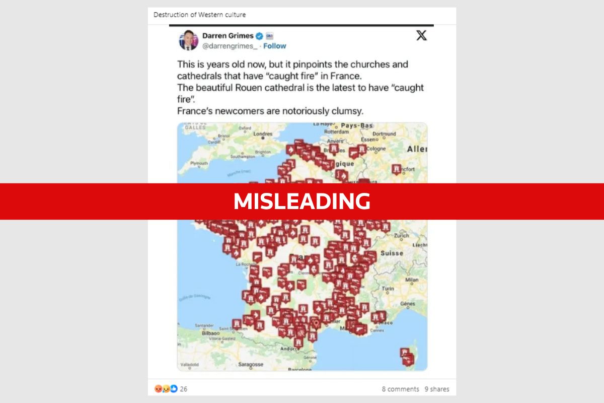 Map shows all alleged crimes against churches in France, not just fires