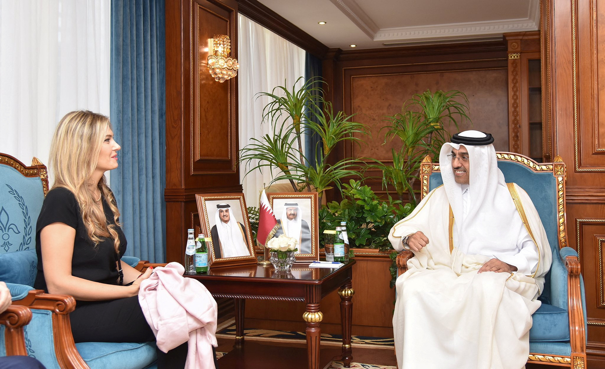 Qatar Labor Minister Al Marri meets Kaili, Vice-President of the European Parliament, at a meeting in Qatar