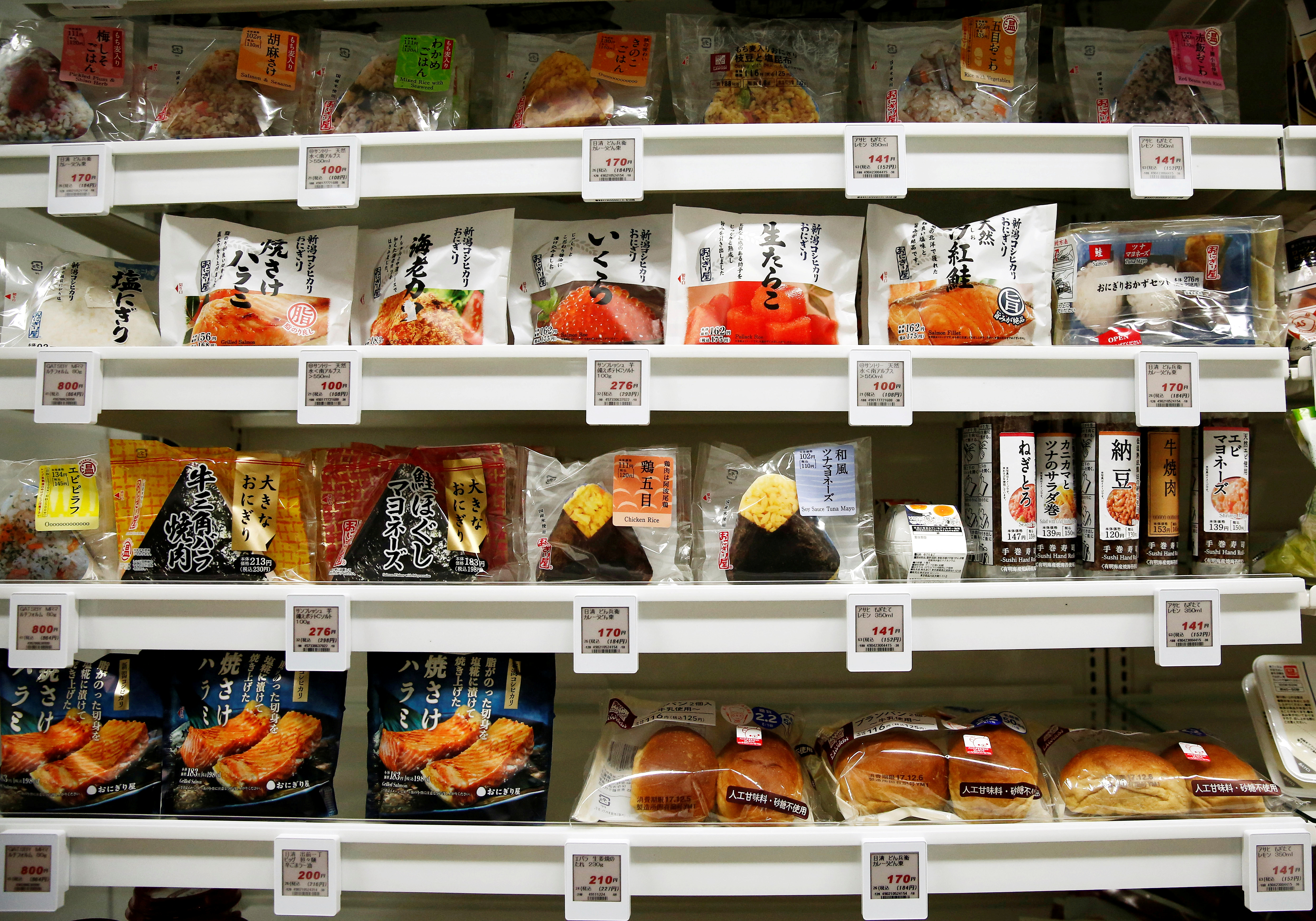 Food products are displayed at Lawson Open Innovation center during an event introducing its next-generation convenience store model in Tokyo