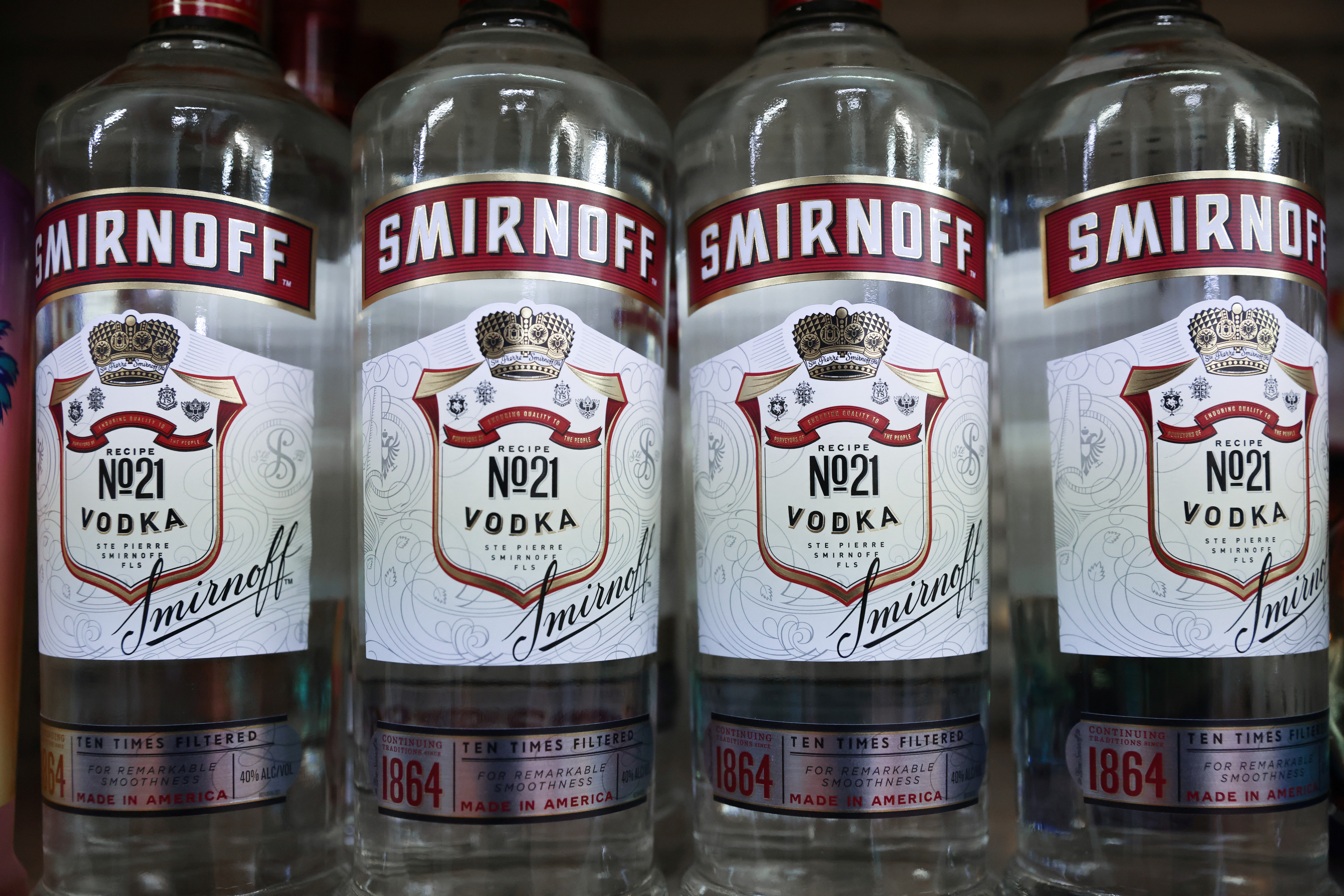 Bottles of Smirnoff vodka, a brand of Diageo, are seen for sale in Manhattan, New York City