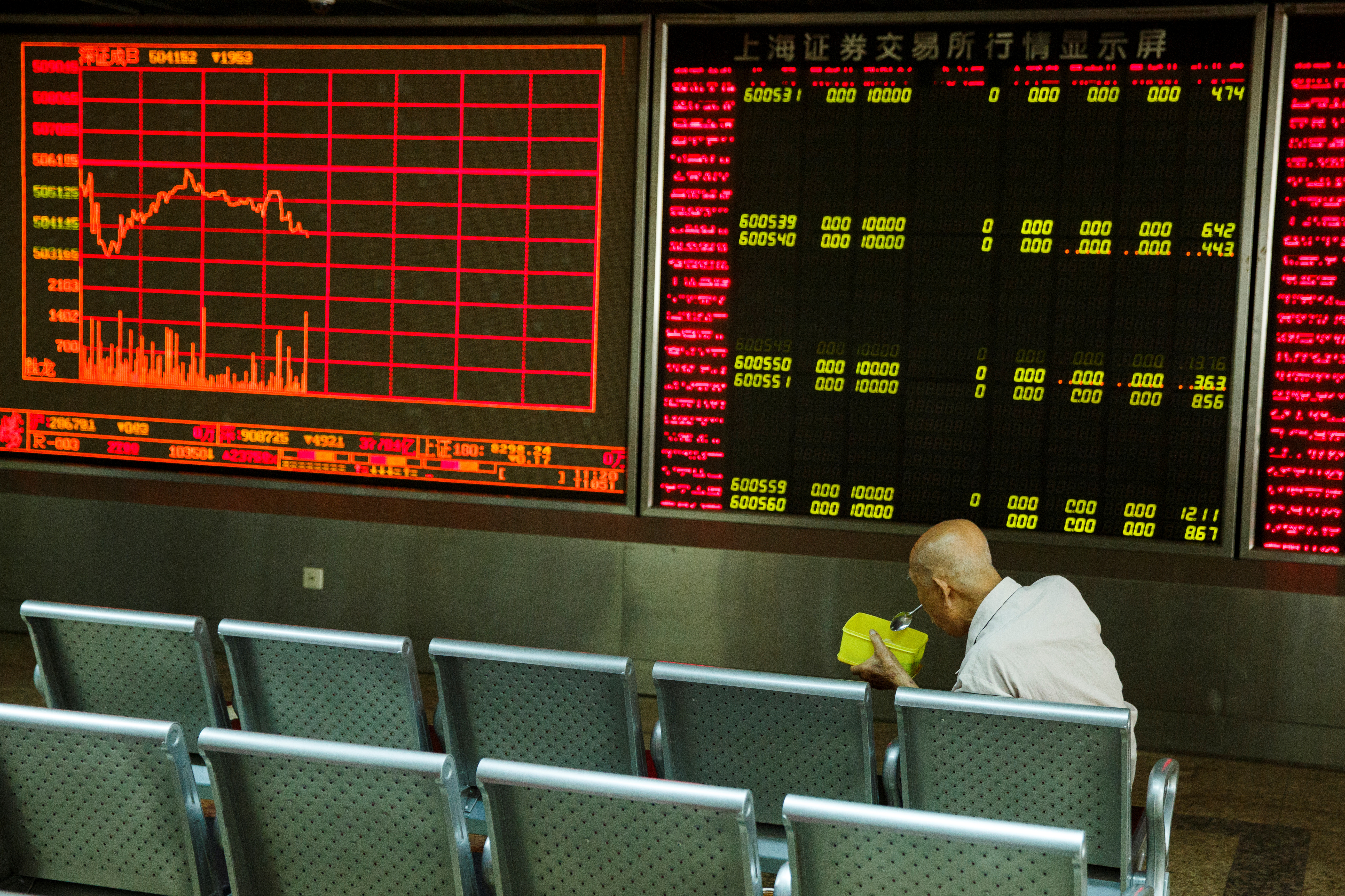 A man sits in front of a board showing market information at a securities brokerage house in Beijing