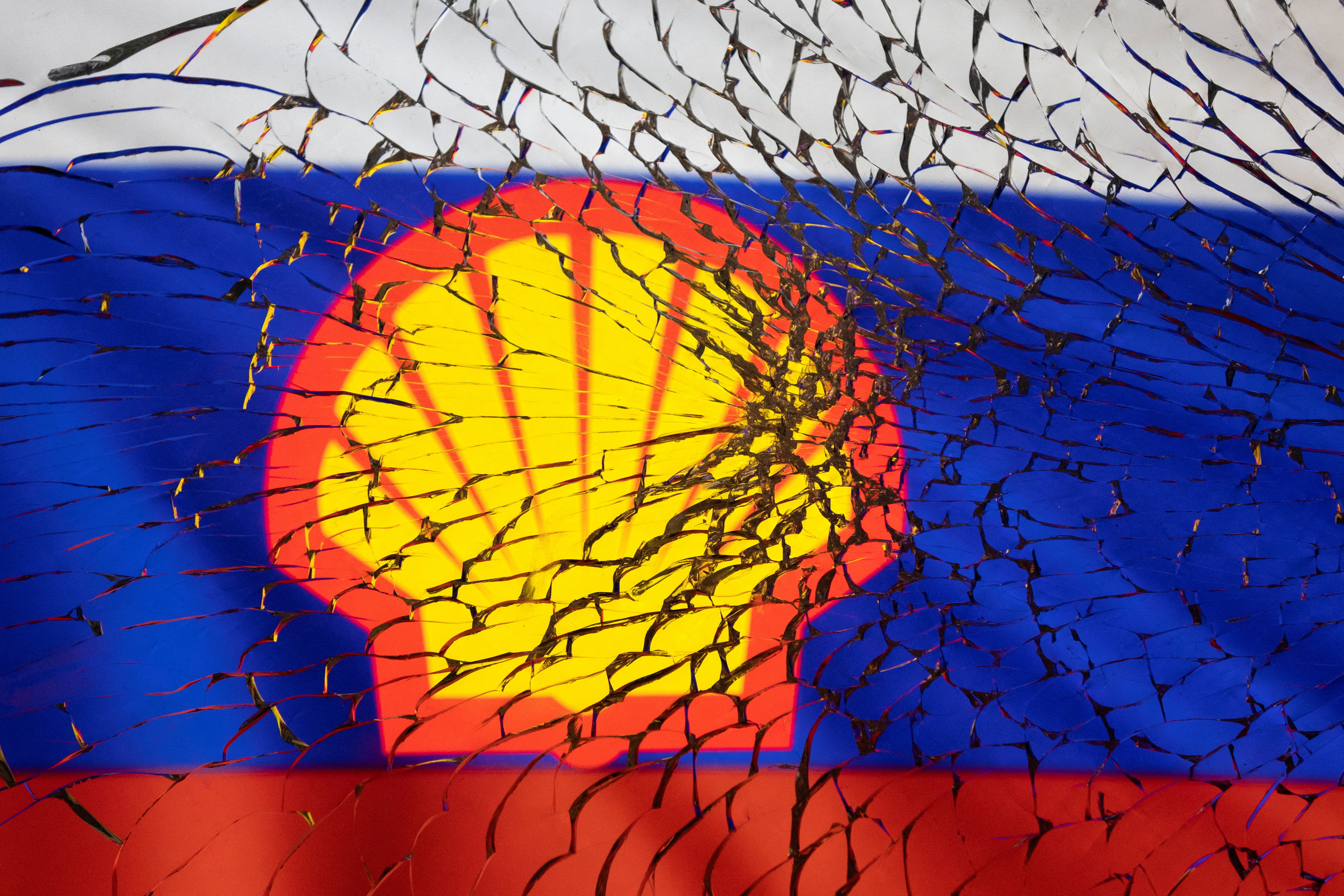 Illustration shows Shell logo and Russian flag through broken glass
