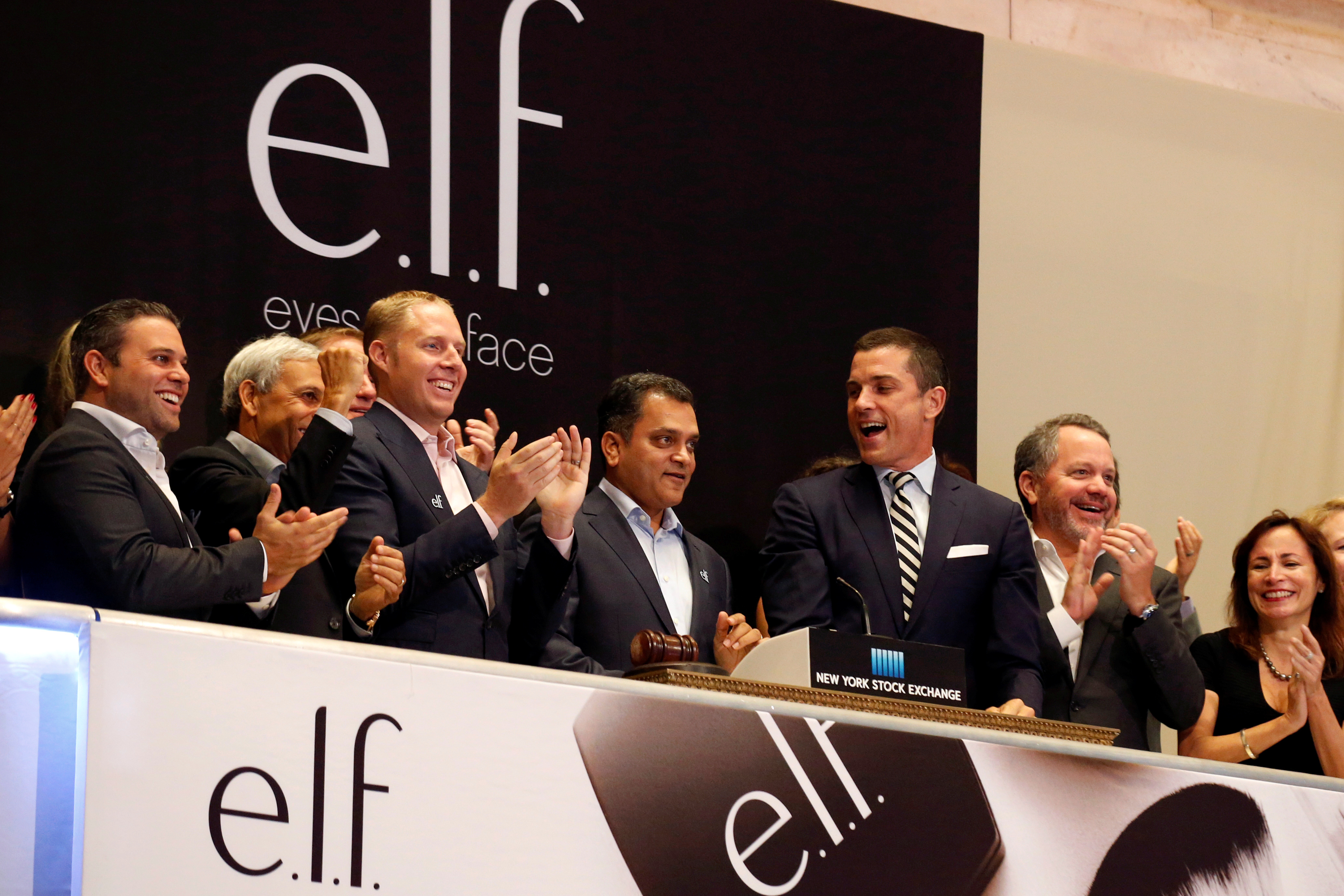 CEO of e.l.f. Beauty Inc. Tarang Amin rings the opening bell at the NYSE to celebrate his company's IPO in New York City