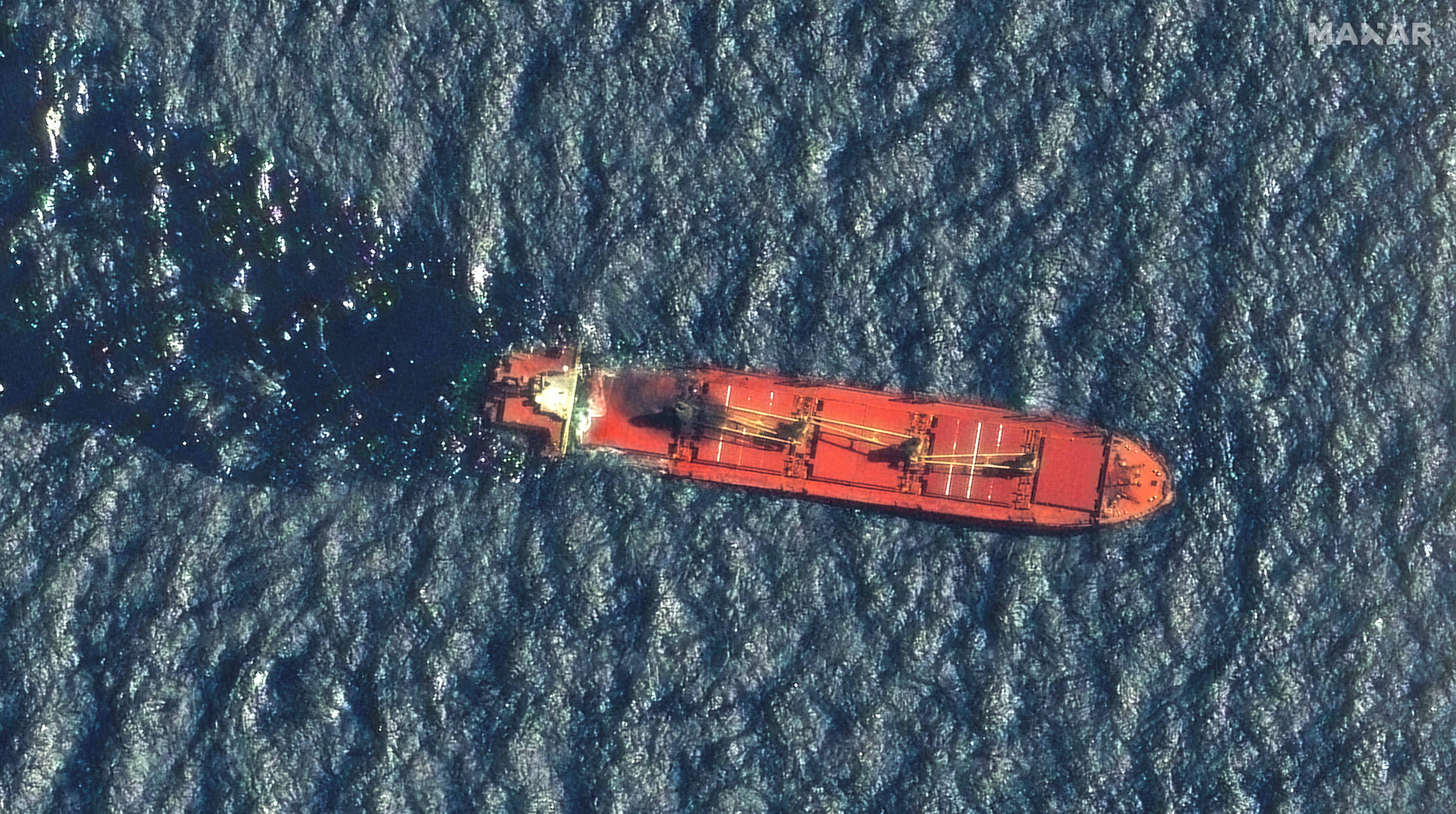 A satellite image shows the cargo ship Rubymar before it sank, on the Red Sea