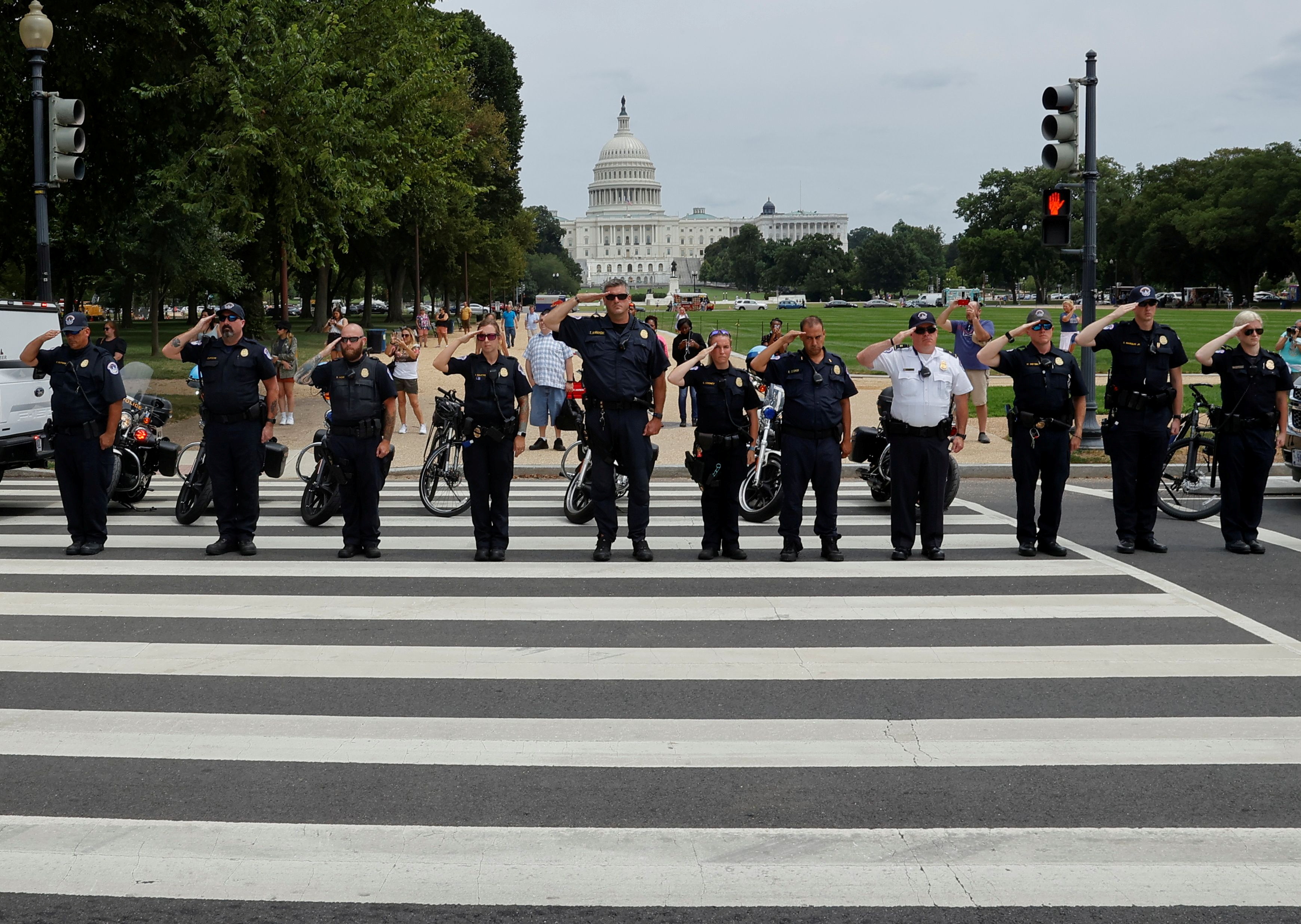 Law enforcement officers salute as a ceremonial procession in honor of a police officer wounded at the Pentagon passes the U.S. Capitol in Washington