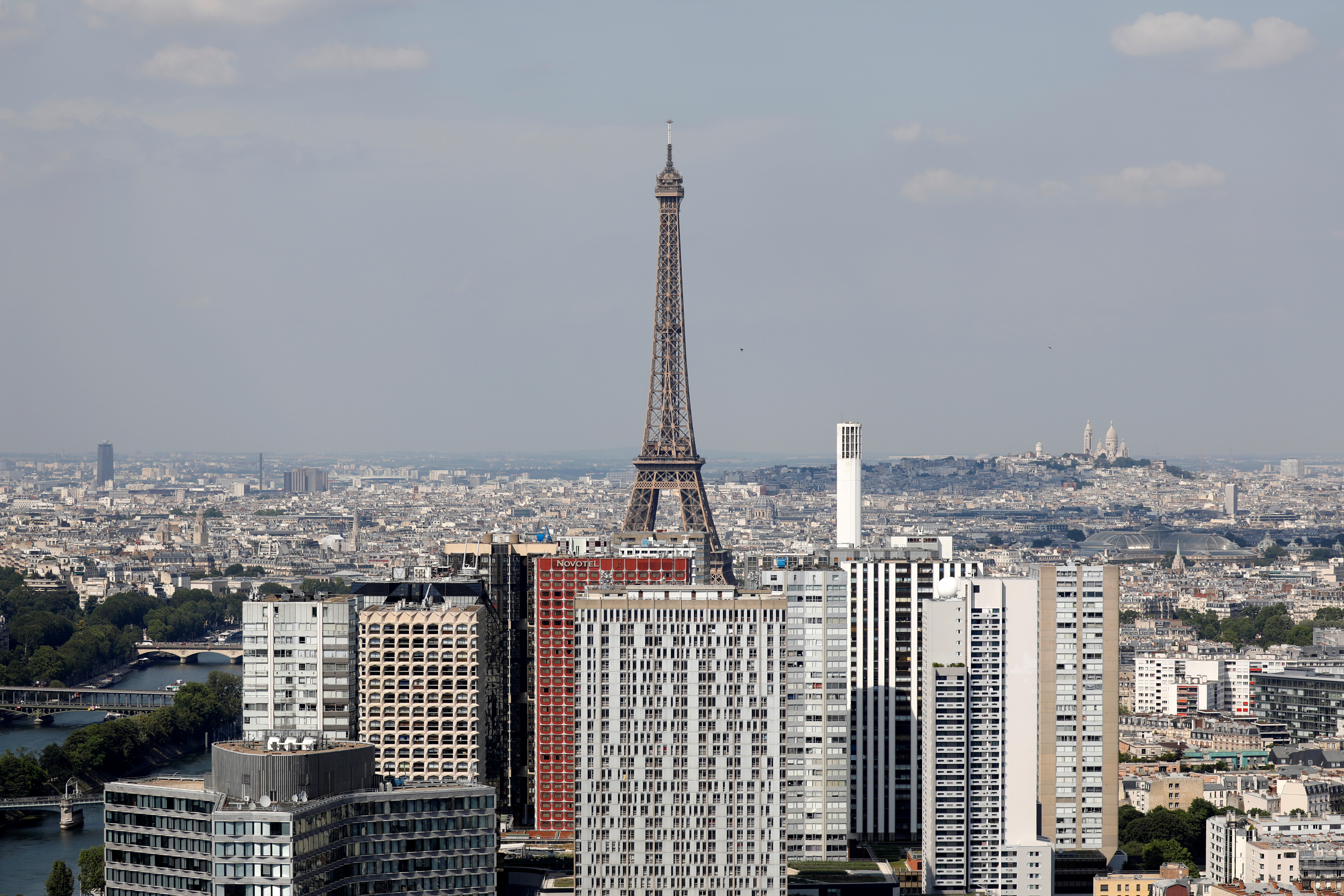 The Eiffel Tower and the Paris skyline is seen from the Airparif Generali Balloon which flies over the Andre Citroen park in Paris