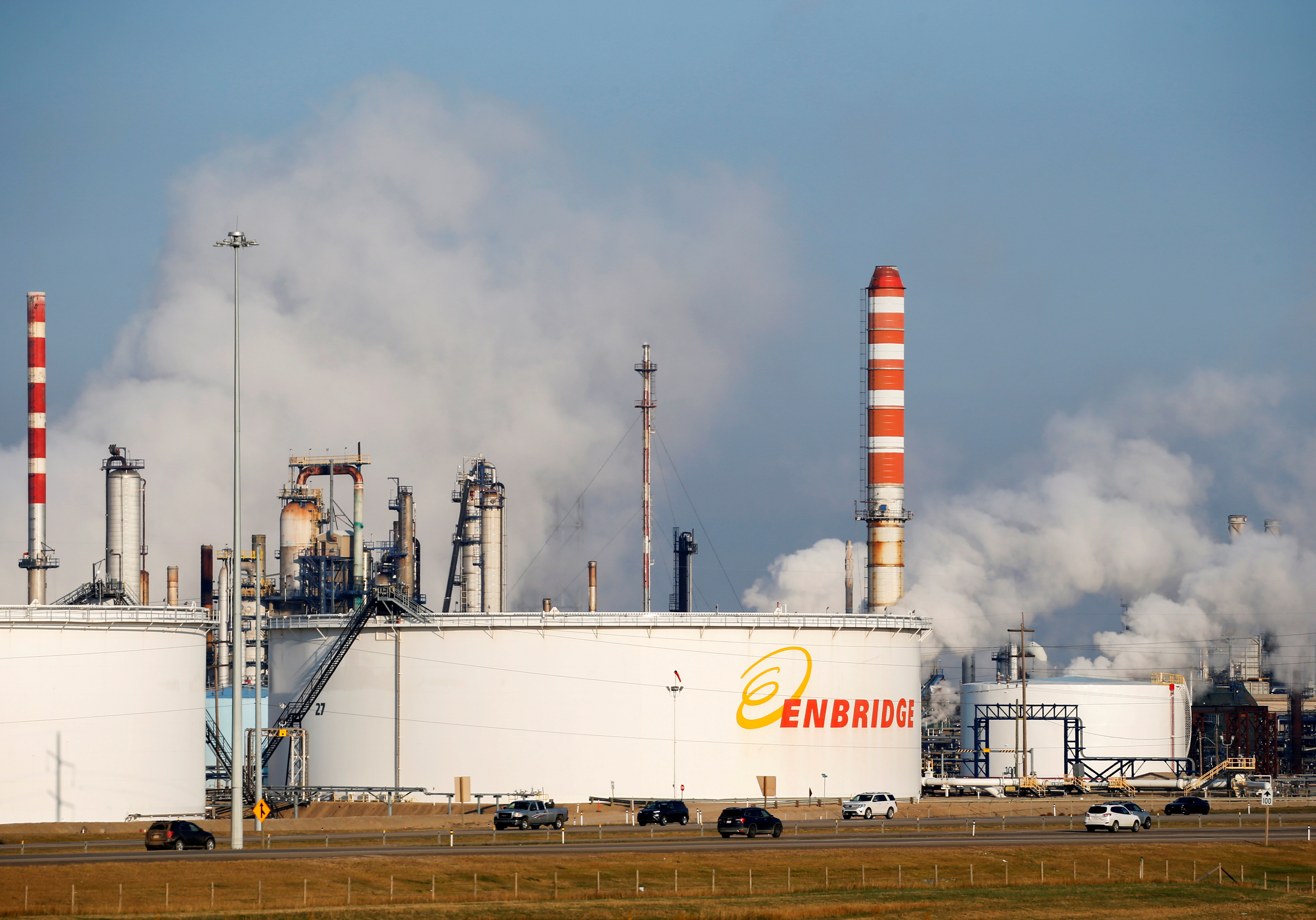 Petrochemical storage tanks are seen at the Enbridge Edmonton Terminal near Edmonton