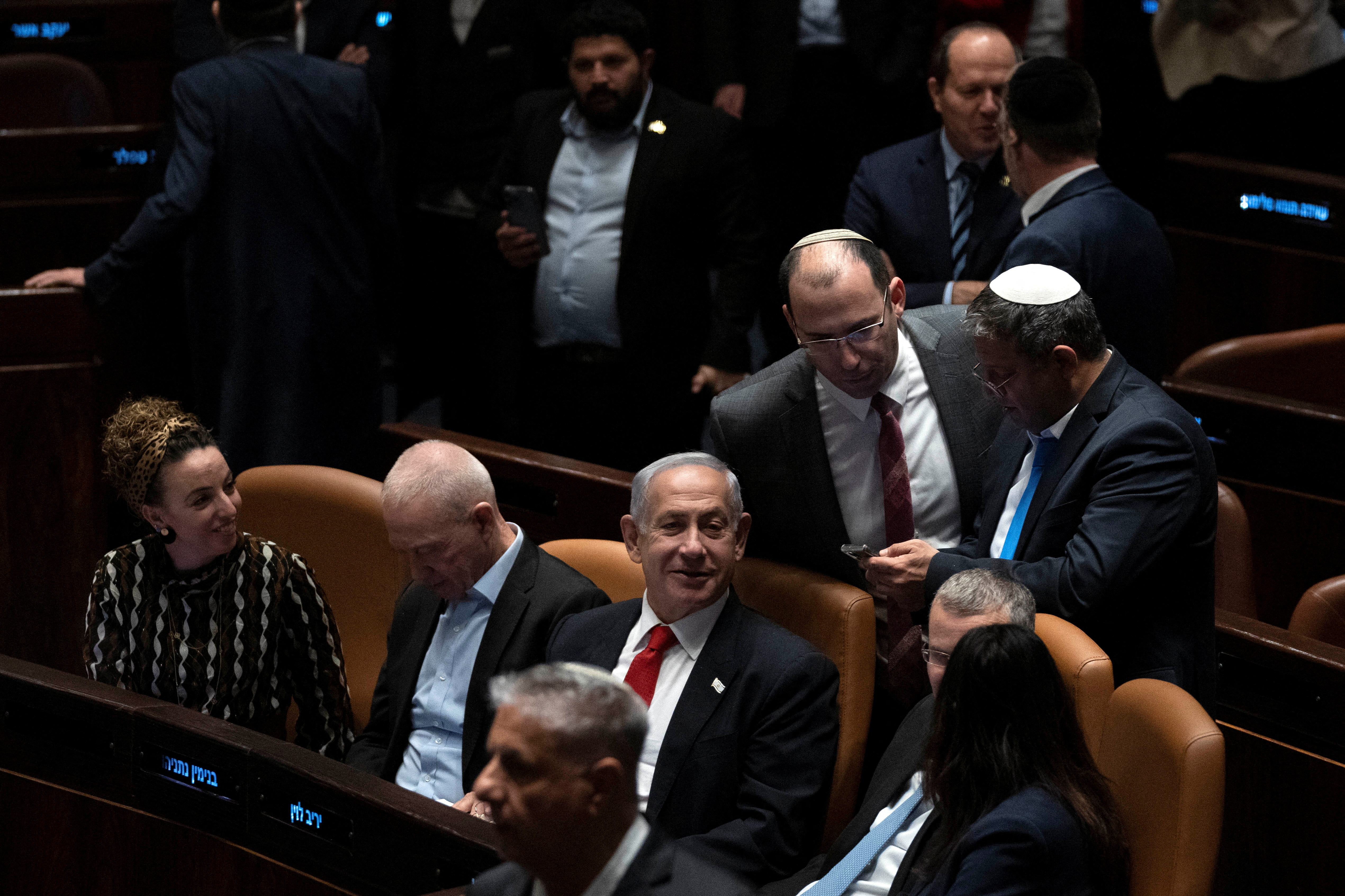 Israel’s Prime Minister Benjamin Netanyahu after his speech in Israel’s parliament, the Knesset, just before a vote on a contentious plan to overhaul the country’s legal system, in Jerusalem