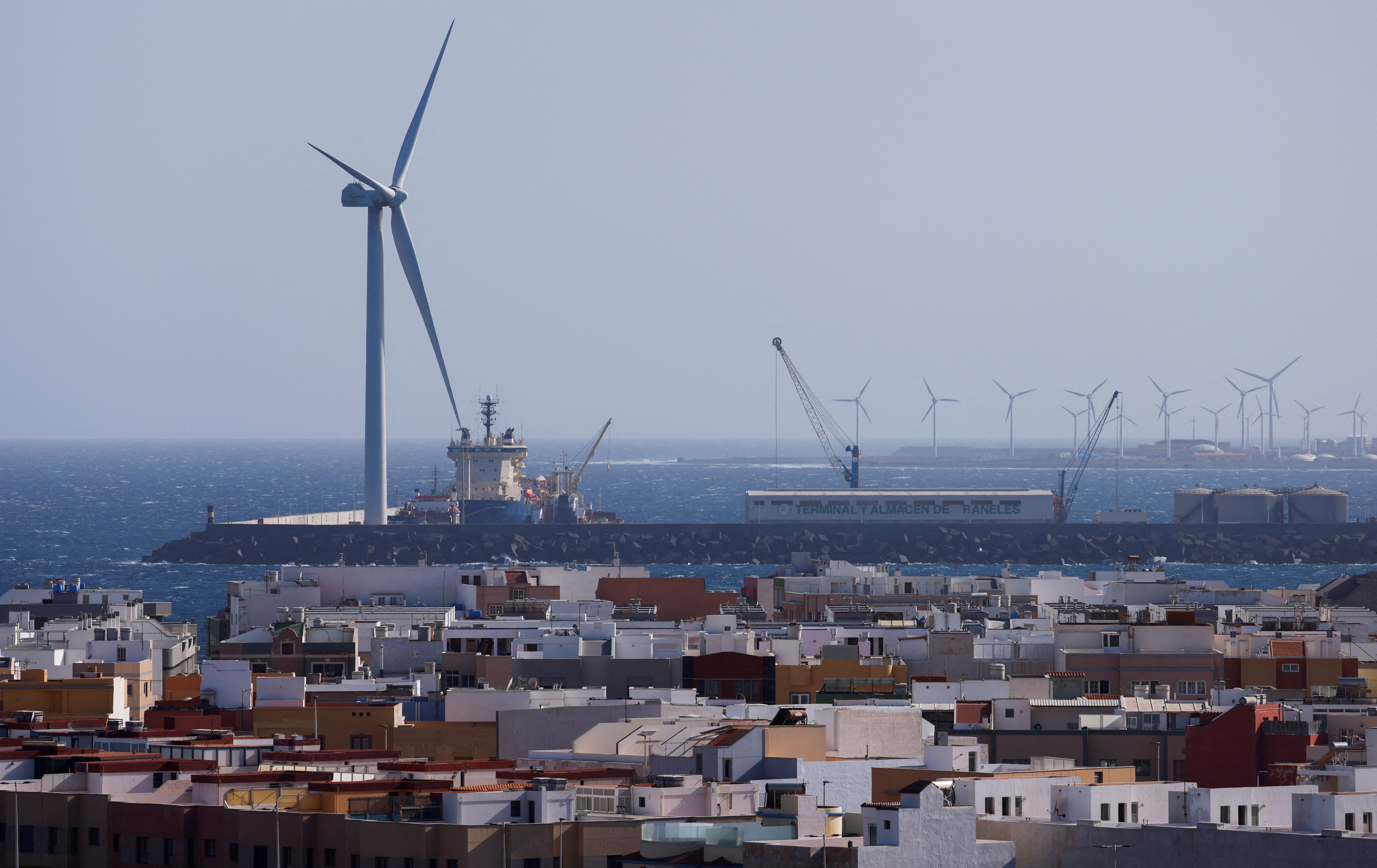 A wind turbine of the Siemens Gamesa company located at the Port of Arinaga is seen from a viewpoint of Arinaga on Gran Canaria Island