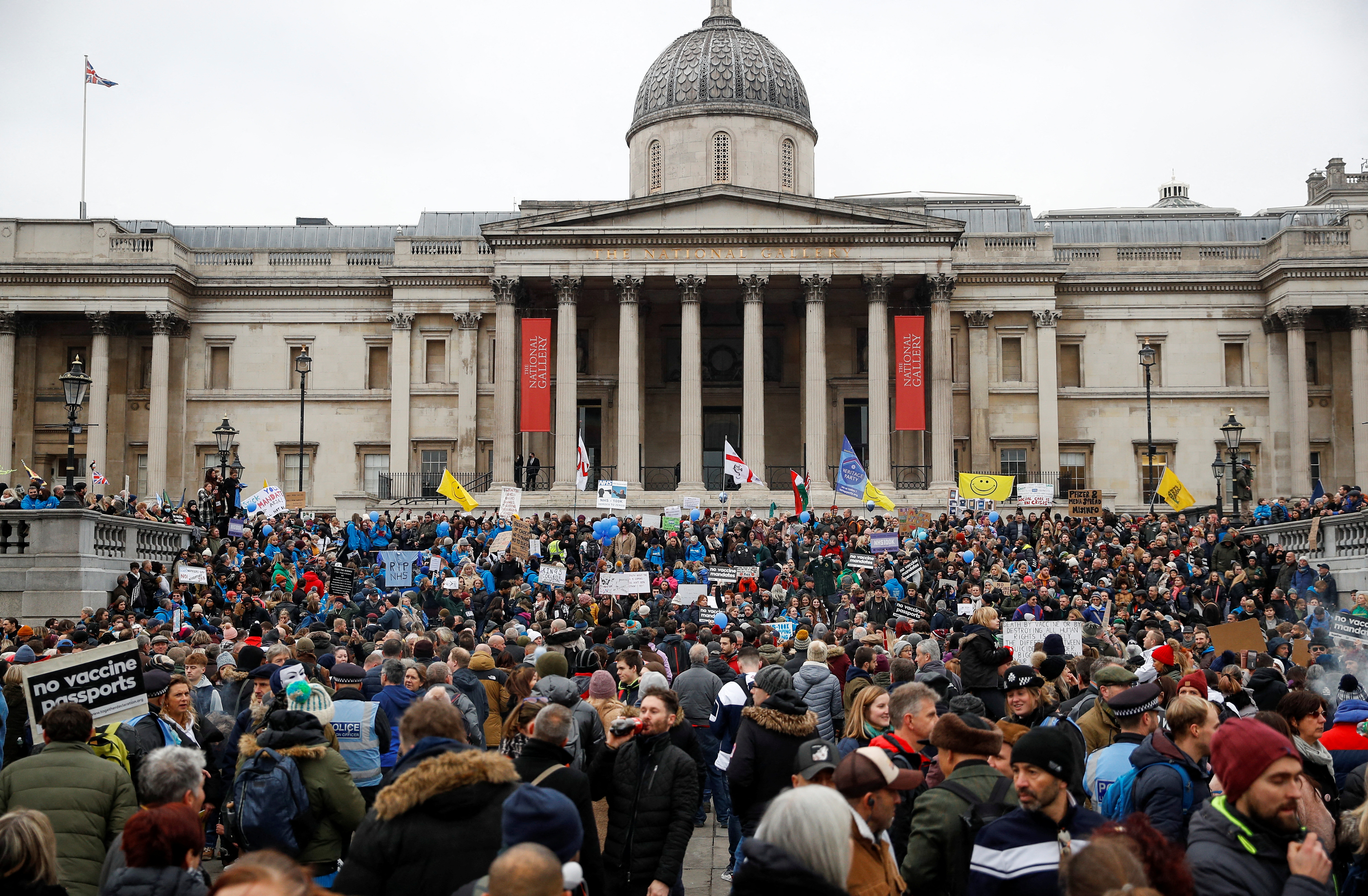 NHS staff protest against the coronavirus disease (COVID-19) vaccine rules, at Trafalgar Square in London, Britain, January 22, 2022. REUTERS/Peter Nicholls