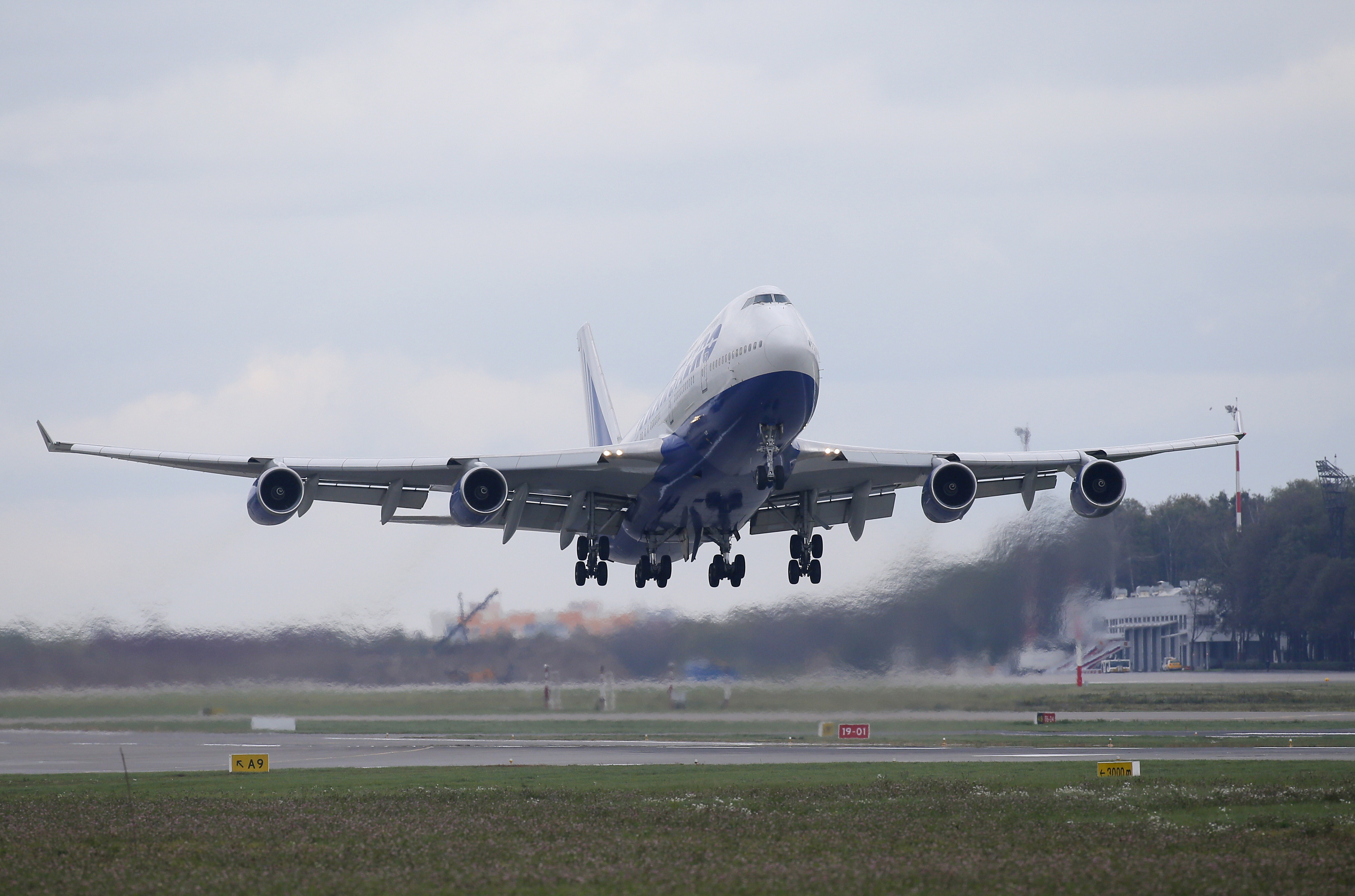 A Boeing 747-400 aircraft takes off from a runway at Moscow's Vnukovo airport, Russia