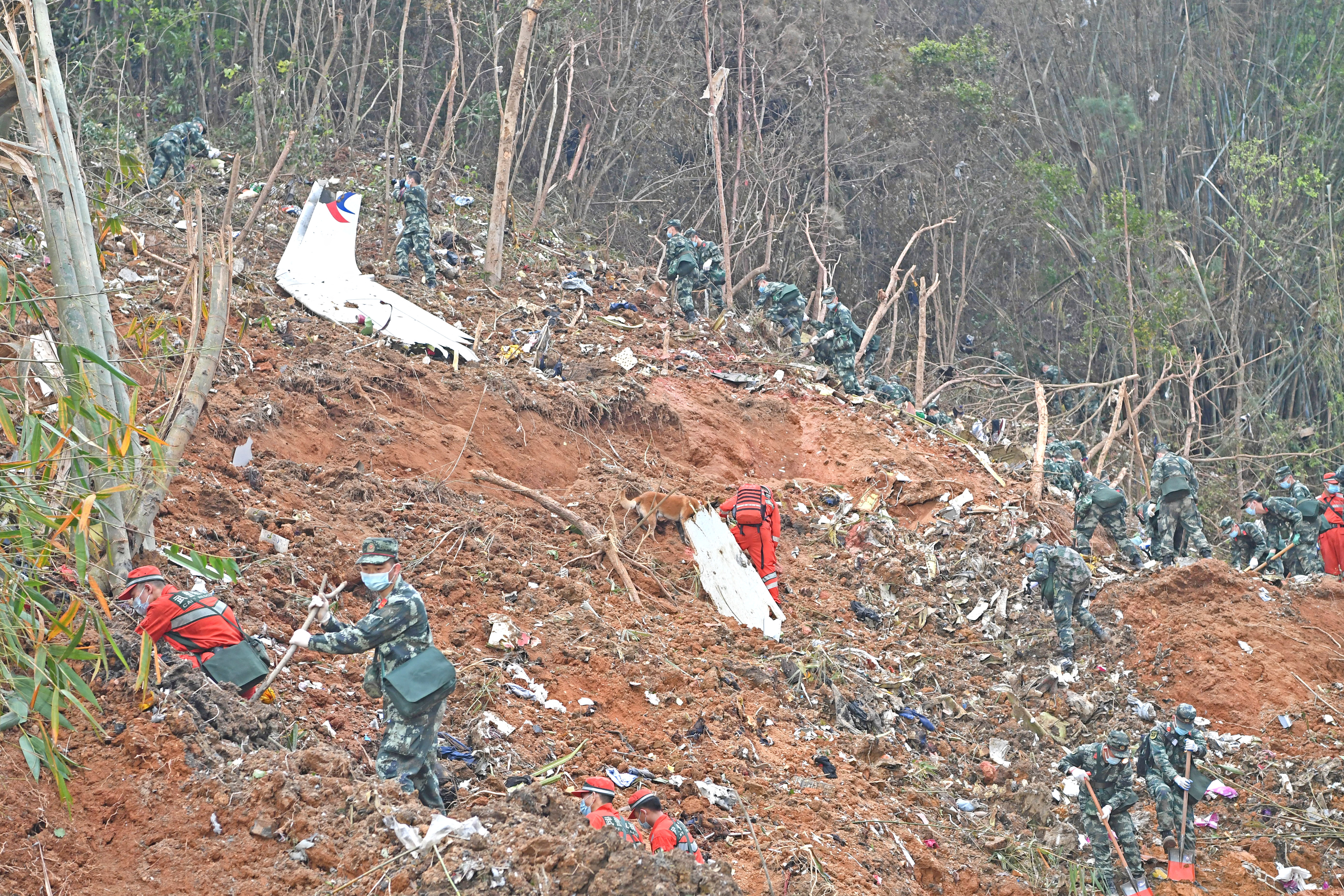 Rescuers search for the black boxes at a plane crash site in Tengxian county