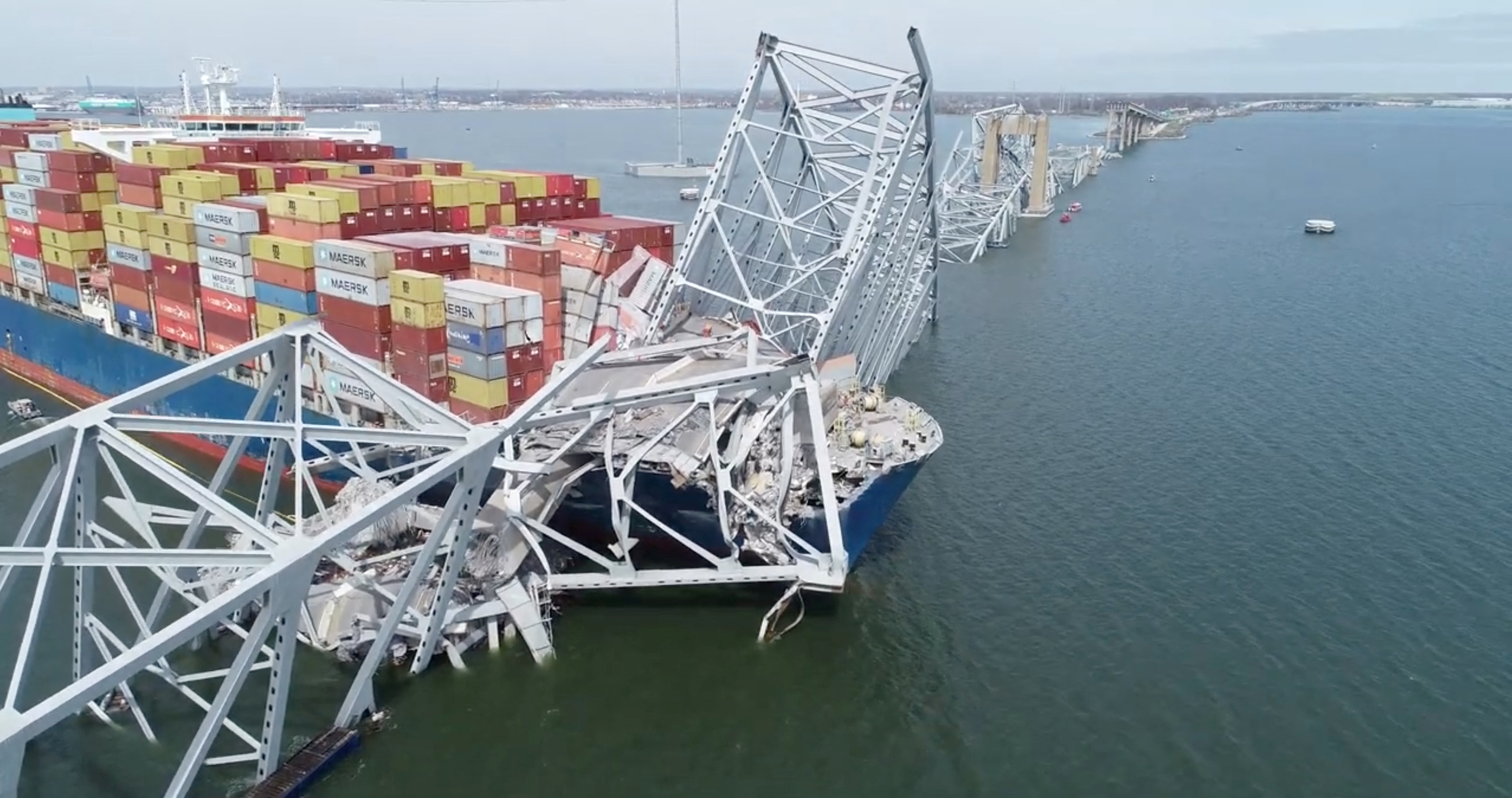 A drone view of the Dali cargo vessel, which crashed into the Francis Scott Key Bridge causing it to collapse, in Baltimore