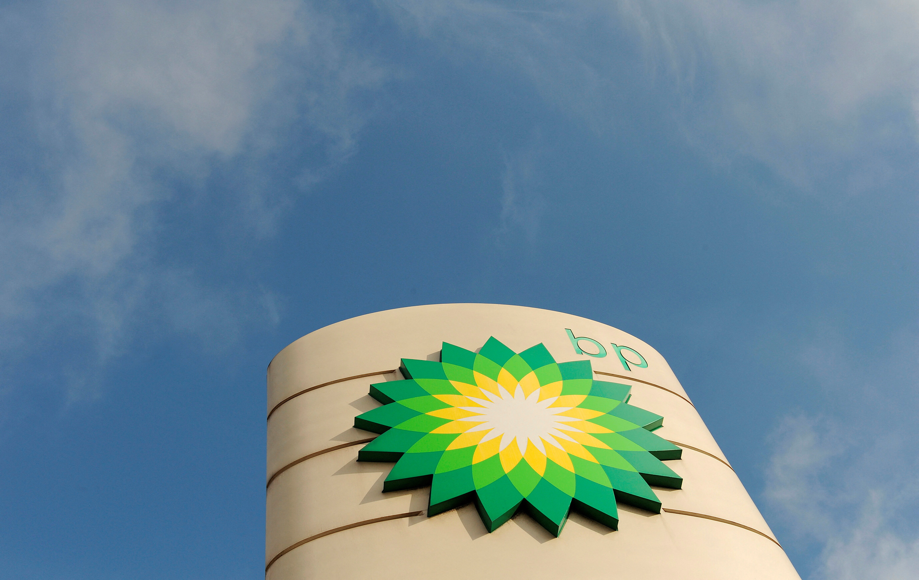 A logo on a British Petroleum petrol station is seen in London