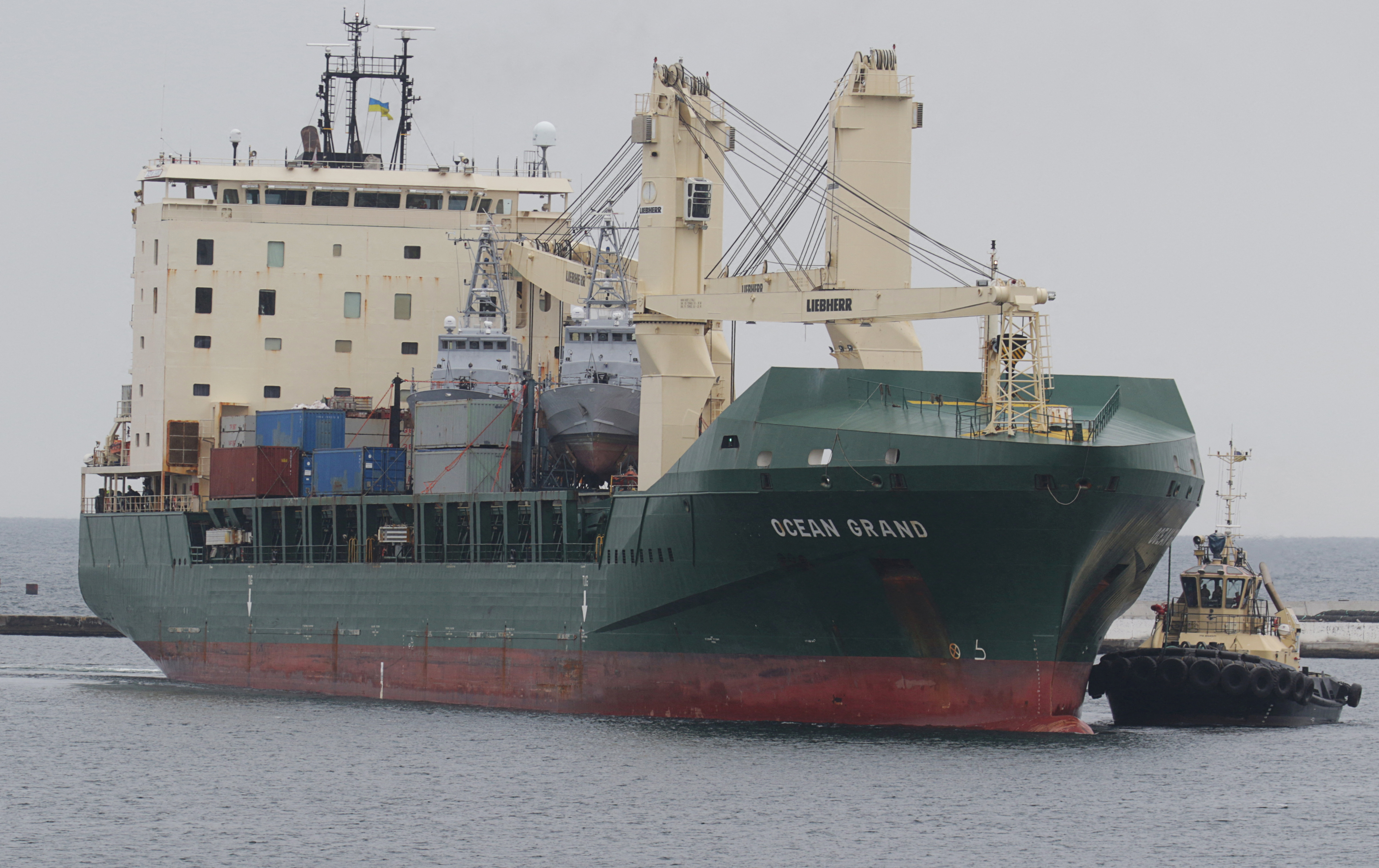 Cargo ship Ocean Grand carrying former U.S. Coast Guard patrol boats arrives at the Black Sea port of Odessa