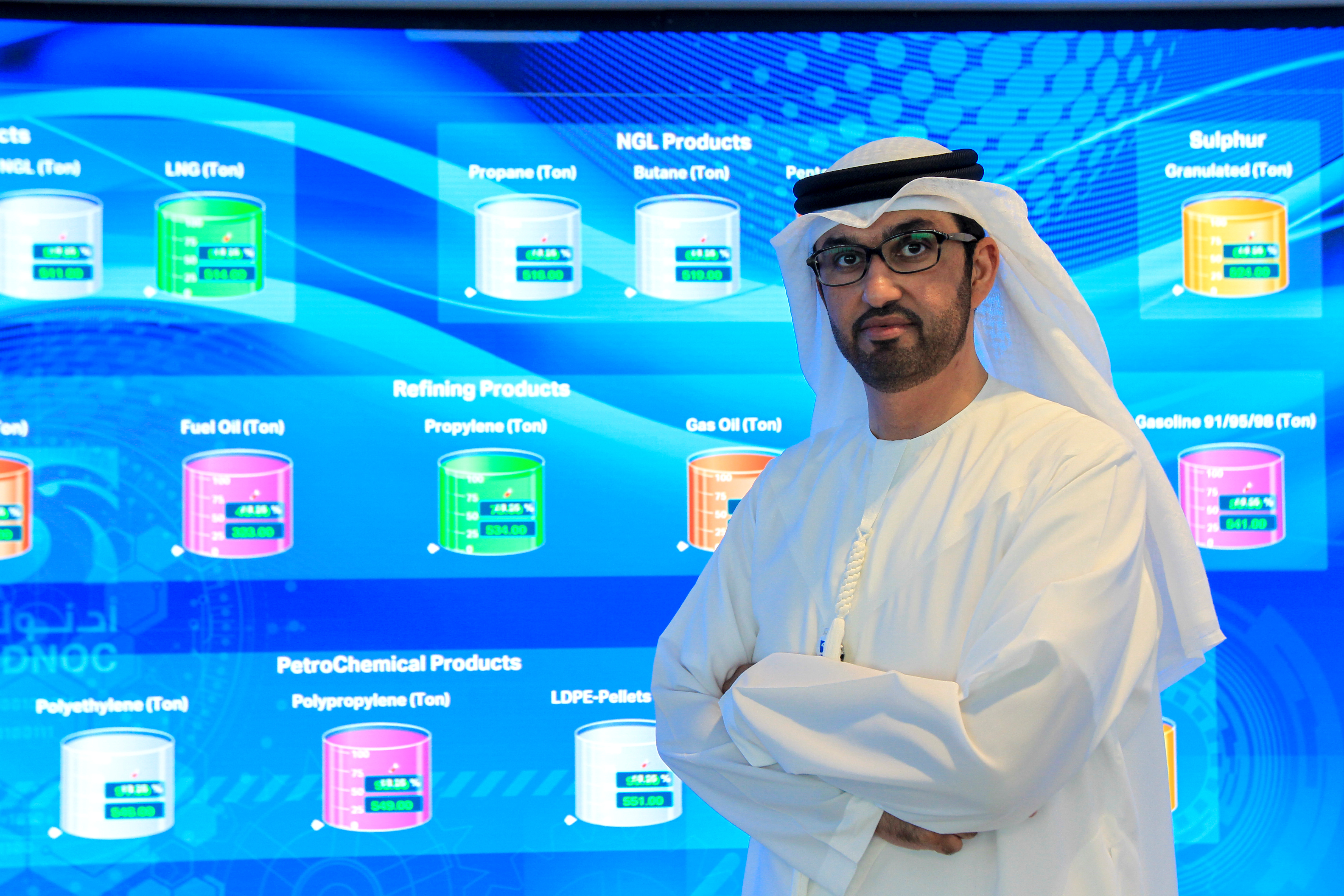 Sultan Ahmed Al Jaber, UAE Minister of State and the Abu Dhabi National Oil Company (ADNOC) Group CEO poses during an interview at the Panorama Digital Command Centre, at the ADNOC headquarters in Abu Dhabi, UAE December 10, 2019. Picture taken December 10, 2019. REUTERS/Satish Kumar